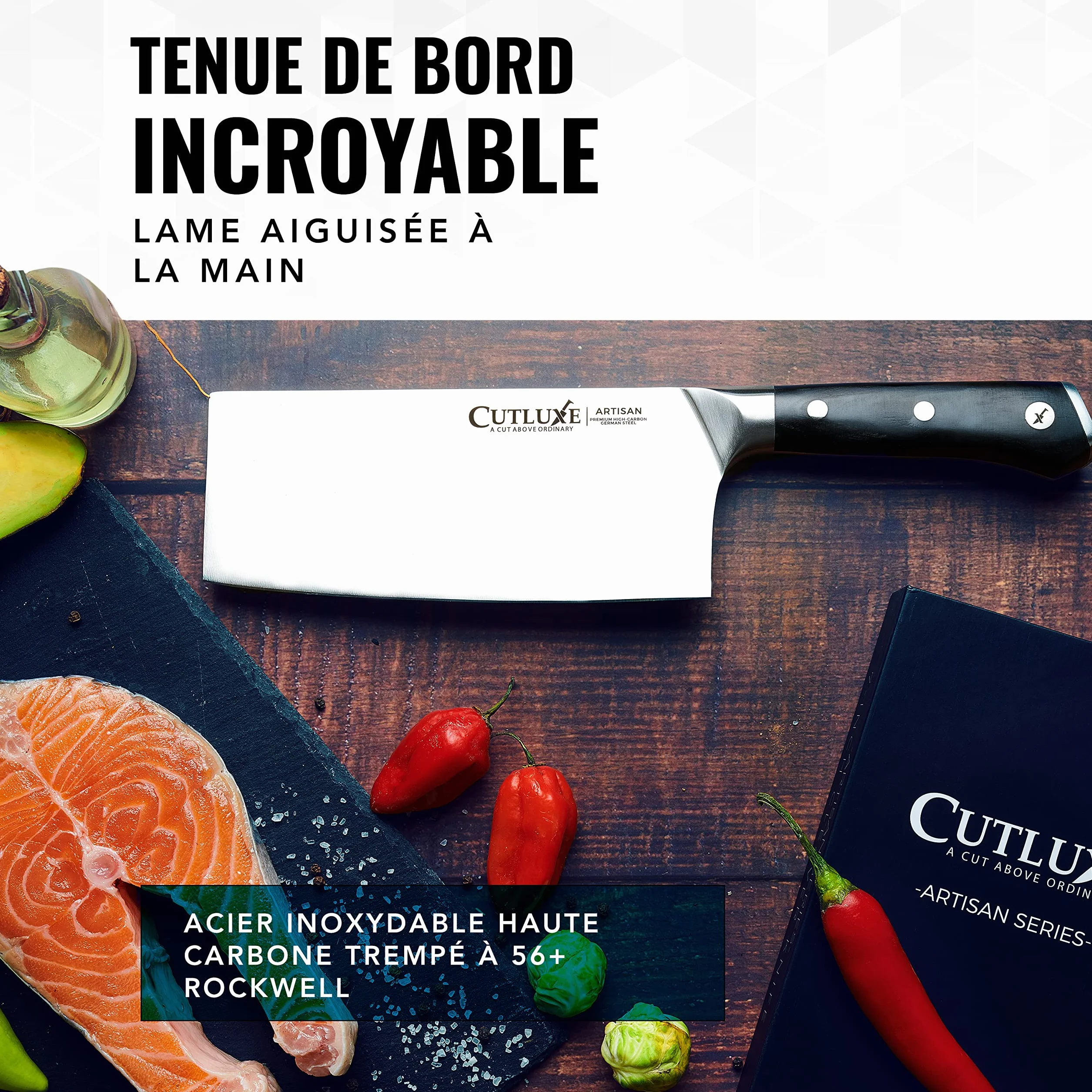 Cutluxe Couteau de Boucher 17.7 cm Acier Allemand Carbone Tang Complet Série Artisan