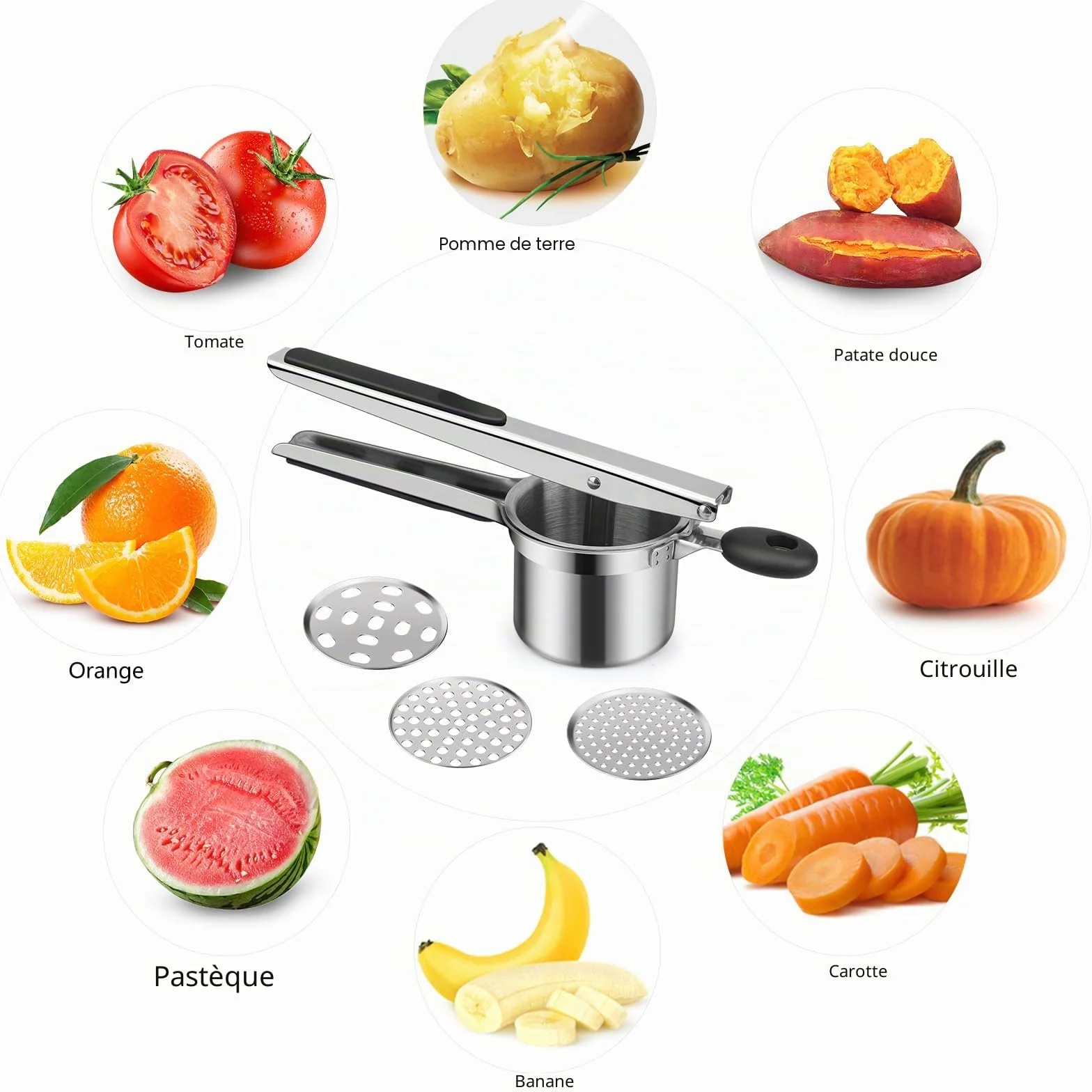 Presse-purée professionnel en acier inoxydable avec 3 filtres interchangeables
