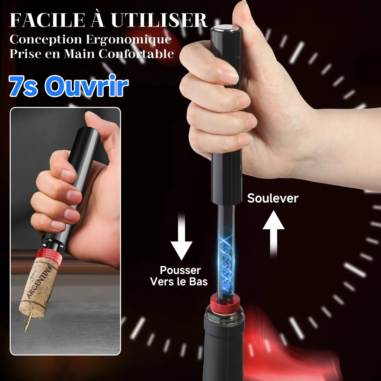 Elegear Tire Bouchon à Pression d'air 7S Décapsuleur Ouvre Bouteille Vin Portable