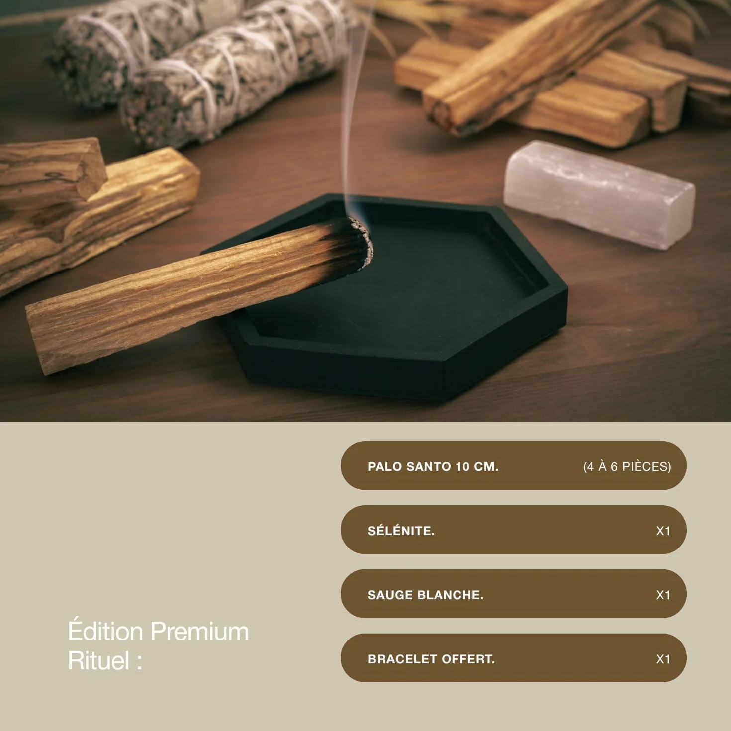 Coffret Premium Rituel Nettoyage Énergétique Palo Santo Purification Sauge Blanche Bracelet Sélénite Maison