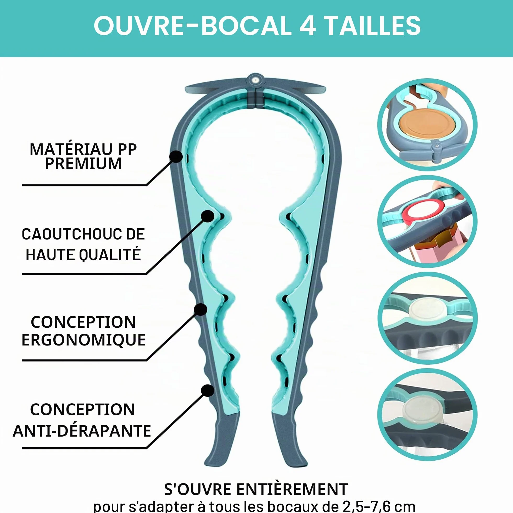 Ouvre-bocal multifonction 5 en 1 pour mains arthritiques avec tampon antidérapant