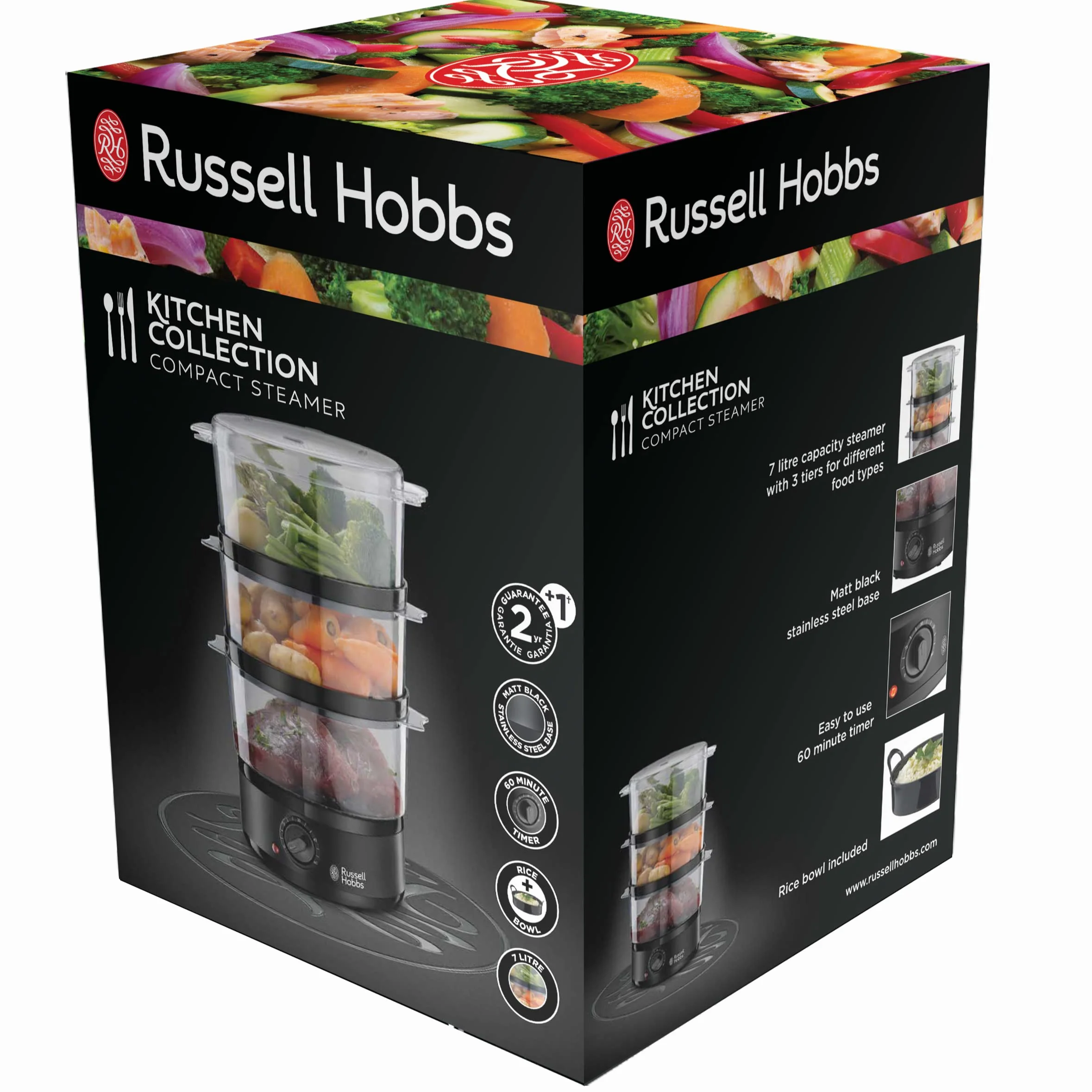 Russell Hobbs Cuiseur Vapeur Ultra Compact Noir mat 400W 7L 3 niveaux 26530-56