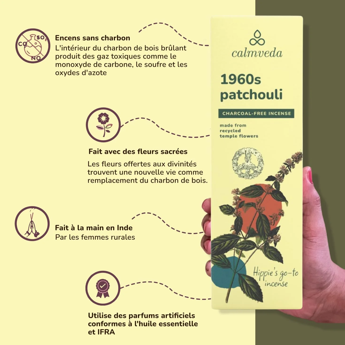 Bâtons d'encens Patchouli 1960, sans charbon, fleurs recyclées, non toxiques