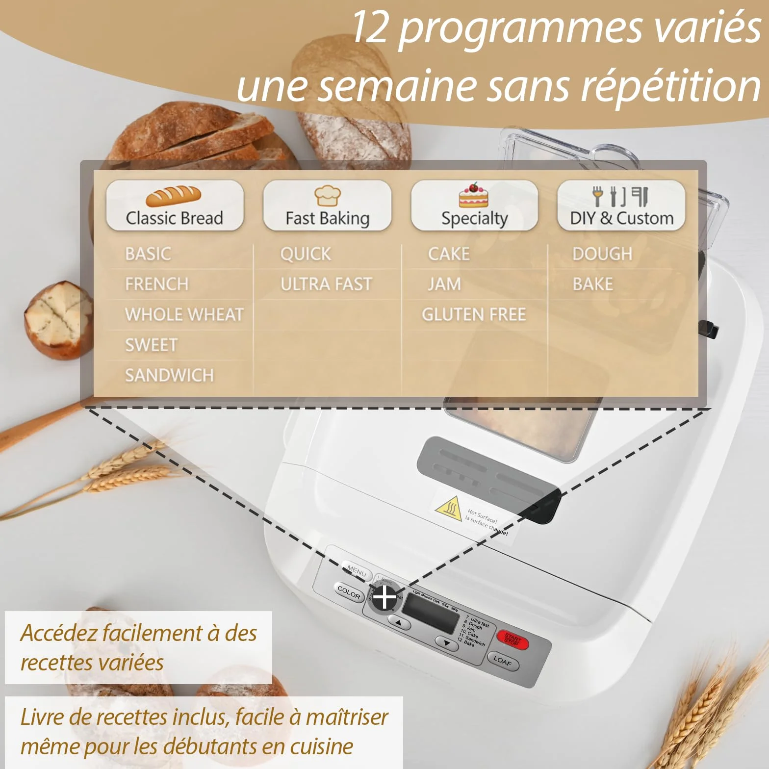 Machine à Pain 12 Programmes Automatiques Cuisson 360° Sans Gluten Pâte à Pizza Gâteau Confiture