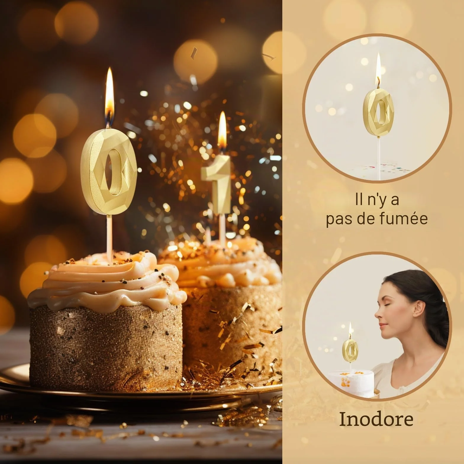 Bougies d'anniversaire Chiffres 3D Bougie Numéro 10 Dorées pour Gâteau