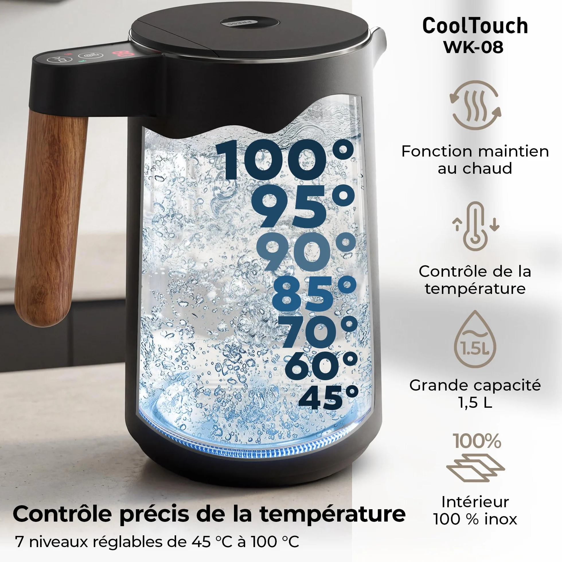 BALTER Bouilloire électrique inox 1,5 L température réglable 45-100°C double paroi sans BPA