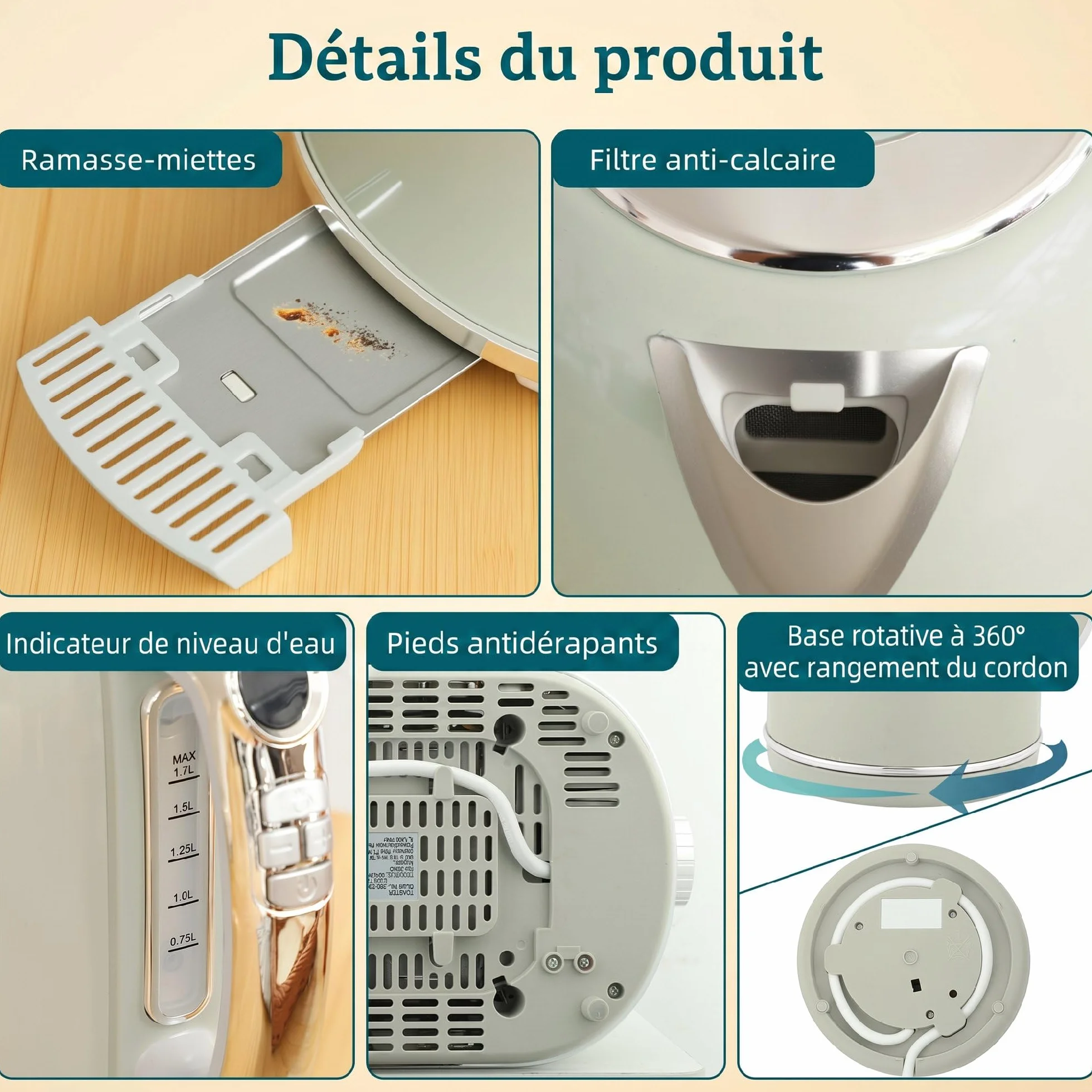 HOMCOM Bouilloire Grille-Pain Inox 2200W 1,7L LED 2 Tranches Gris