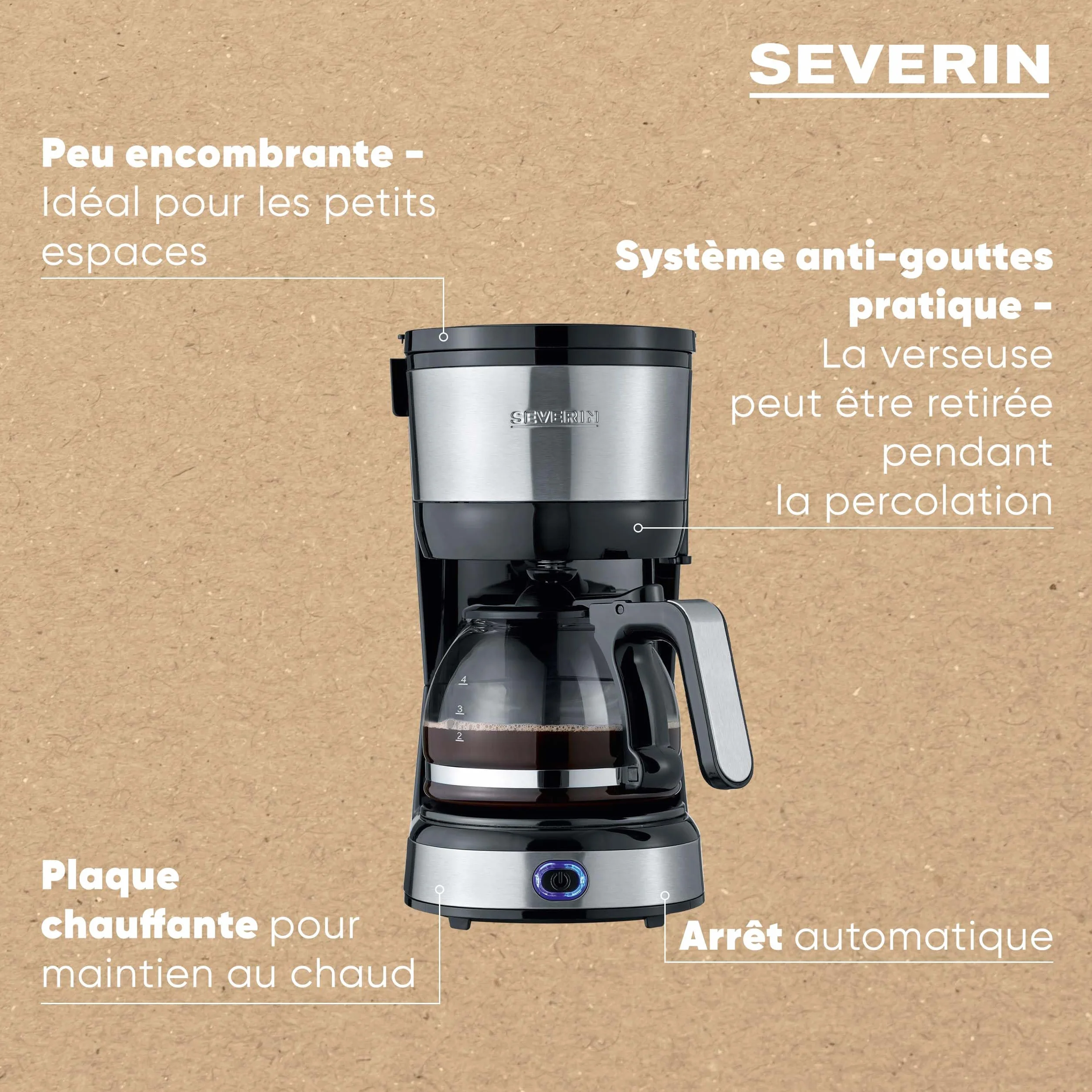 SEVERIN Cafetière filtre 750W 4 tasses filtre permanent lavable Inox Noir KA 4808