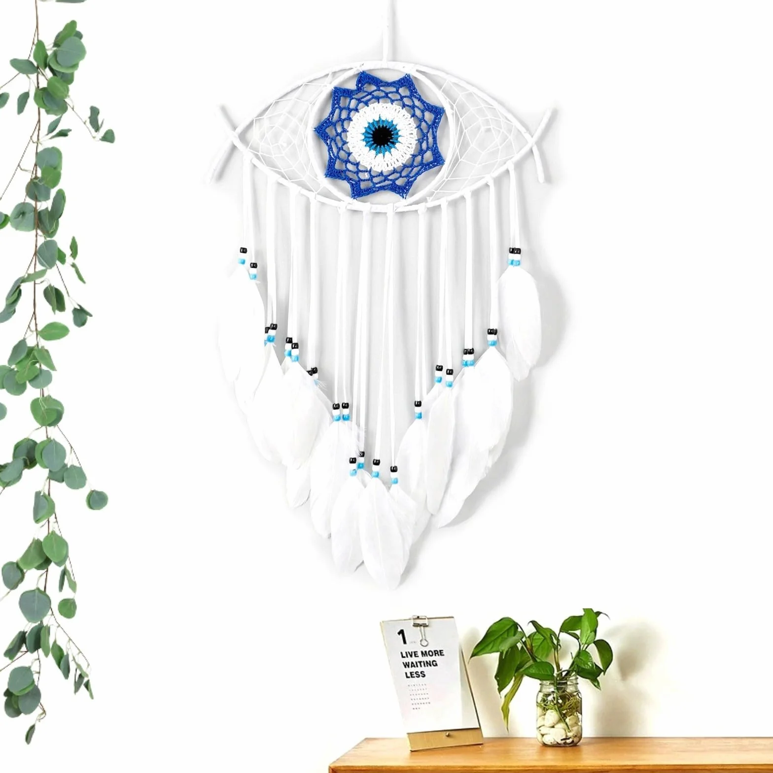 Attrape-Rêves Macramé Evil Eye Oeil Turc Blanc Décoration Murale Suspendue