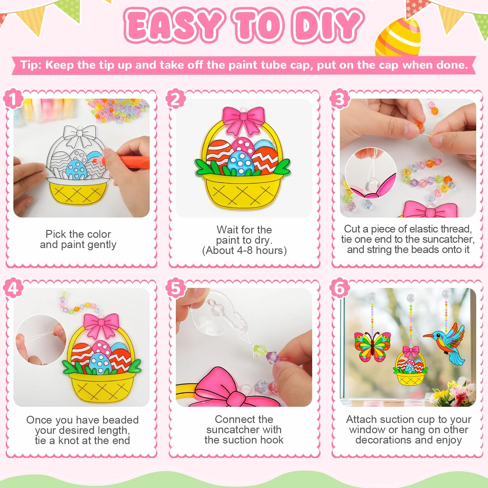 Kit de 24 Décorations Pâques à Suspendre, œufs Lapin Poulet Papillon Oiseaux à Peindre, Attrape-soleil Pendentif Fenêtre
