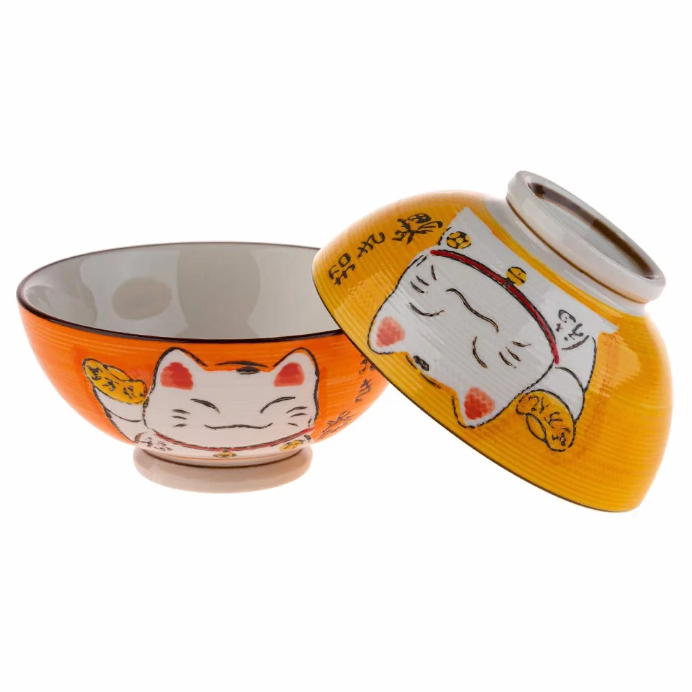 lachineuse Coffret Bols Japonais Design Maneki Neko 5 Bols à Riz Traditionnels Ø 11,5 cm 275 ML