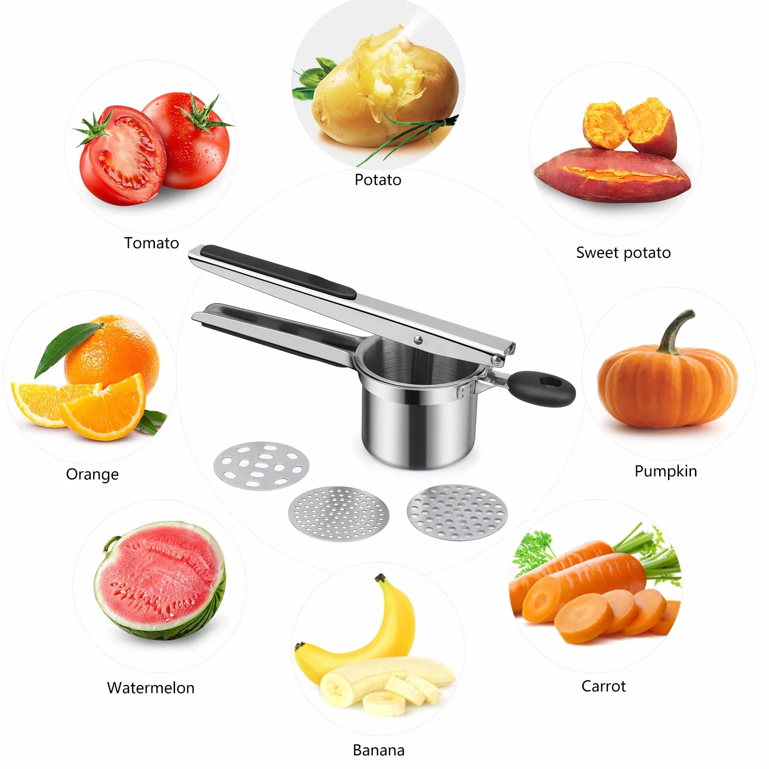 Presse Purée Manuelle Acier Inoxydable avec 3 Disques Interchangeables pour Purée de Pommes de Terre et Jus de Citron