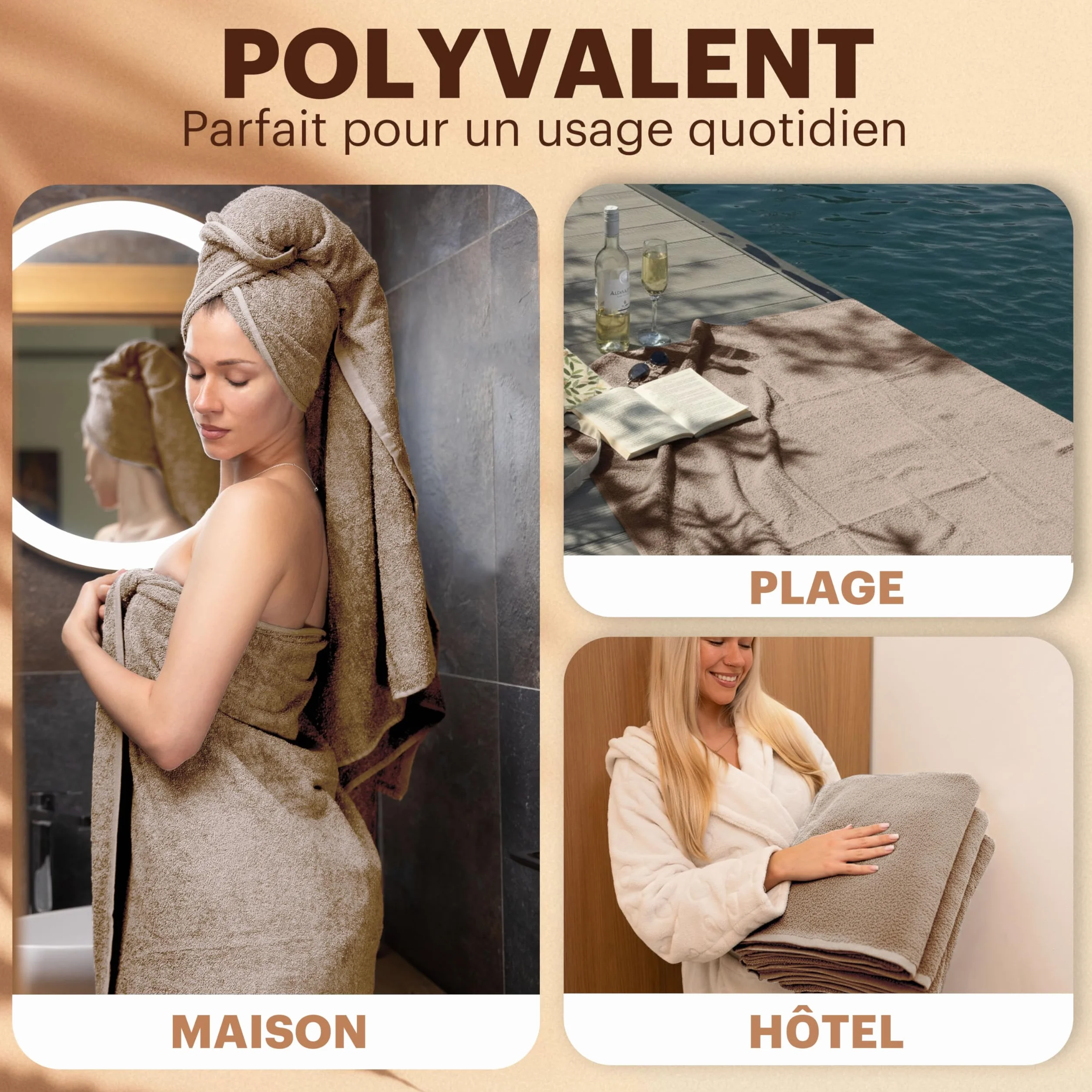 NatureMark Lot de 4 Draps de Douche 100% Coton Doux Absorbants 70x140 cm Sable Beige