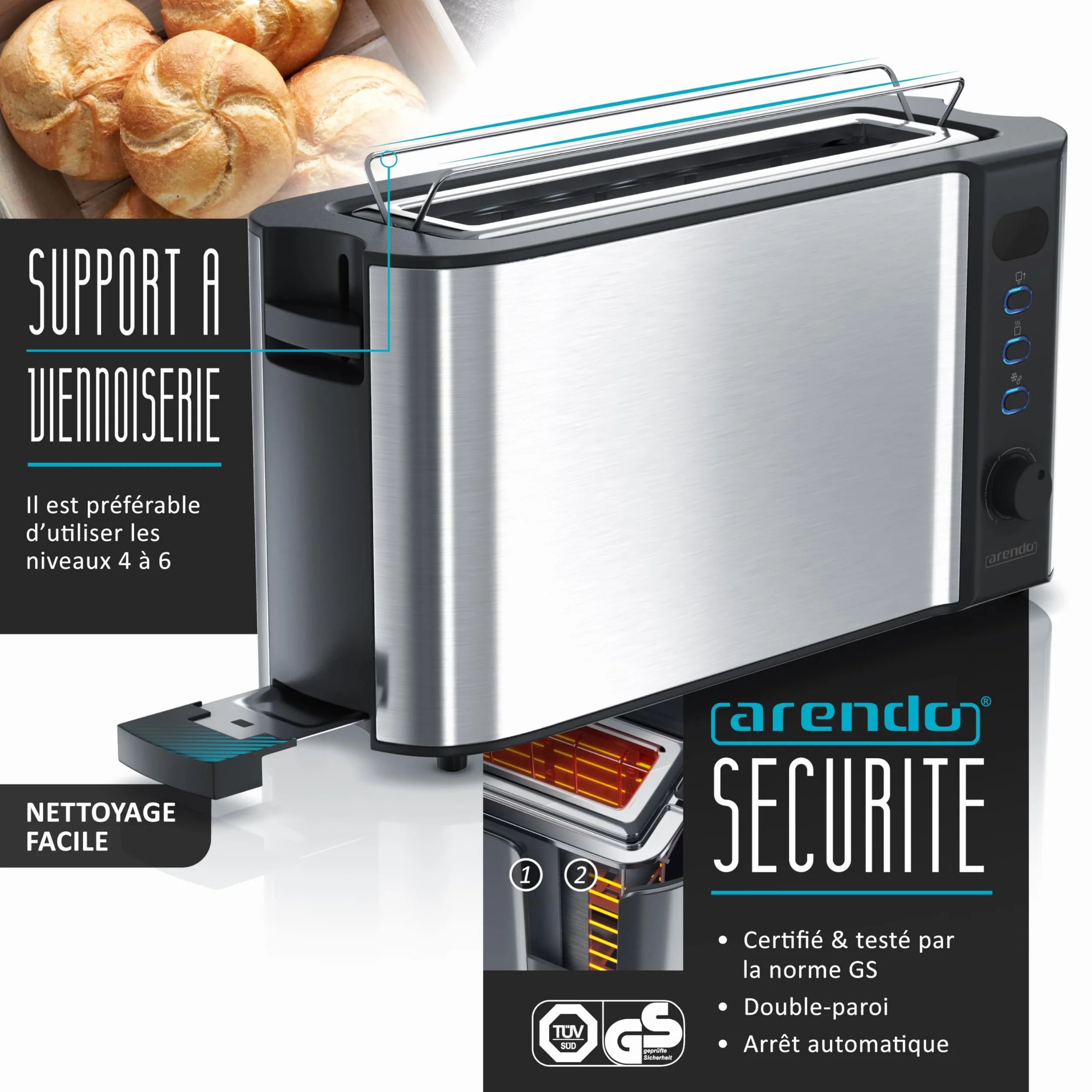 Arendo Ensemble Bouilloire Grille-pain Cuiseur à œufs Inox 1,5L 2 Tranches LED 6 Niveaux Gris