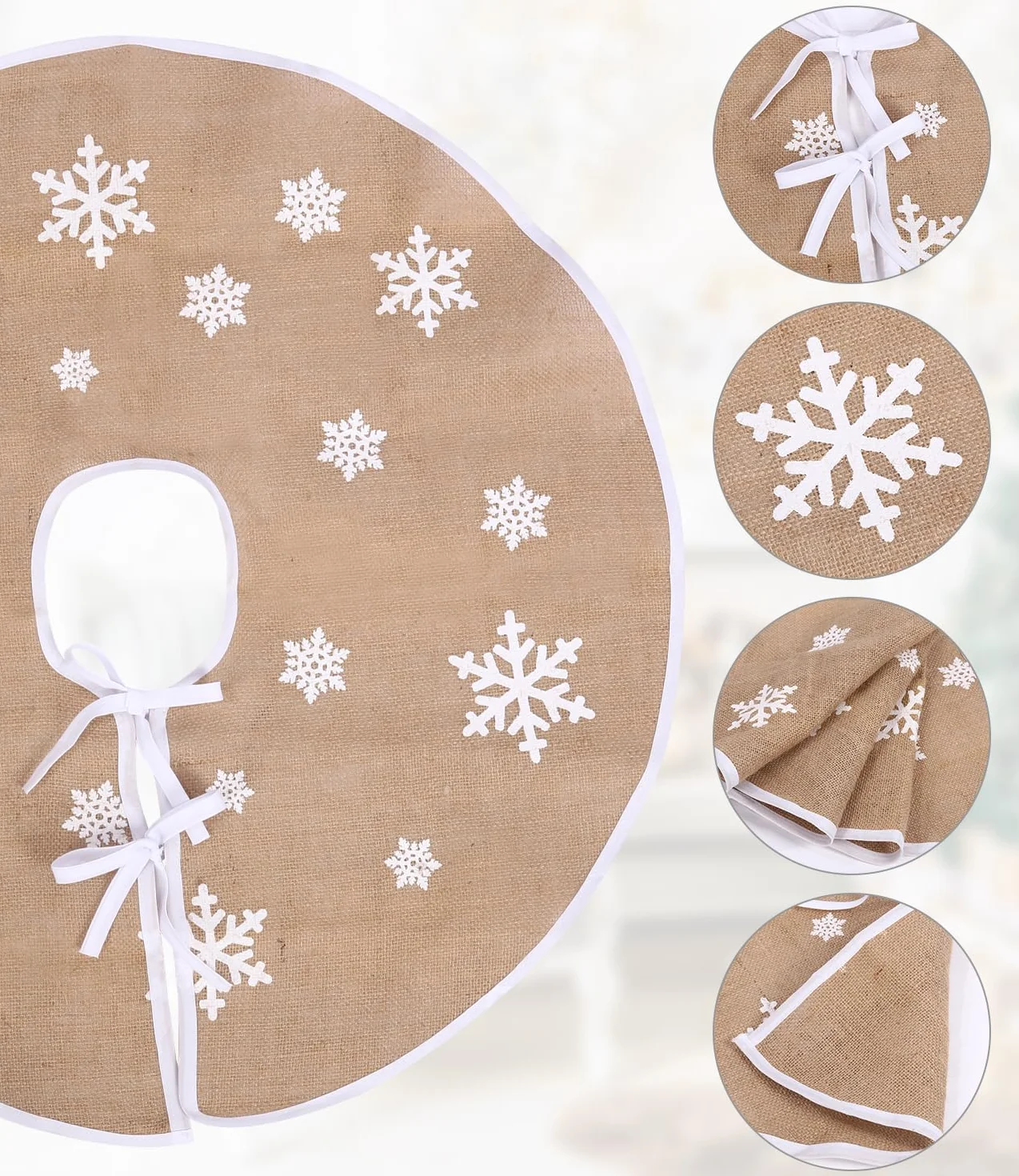 Jupe de Sapin de Noël Flocons de Neige Lin Kaki 80 cm
