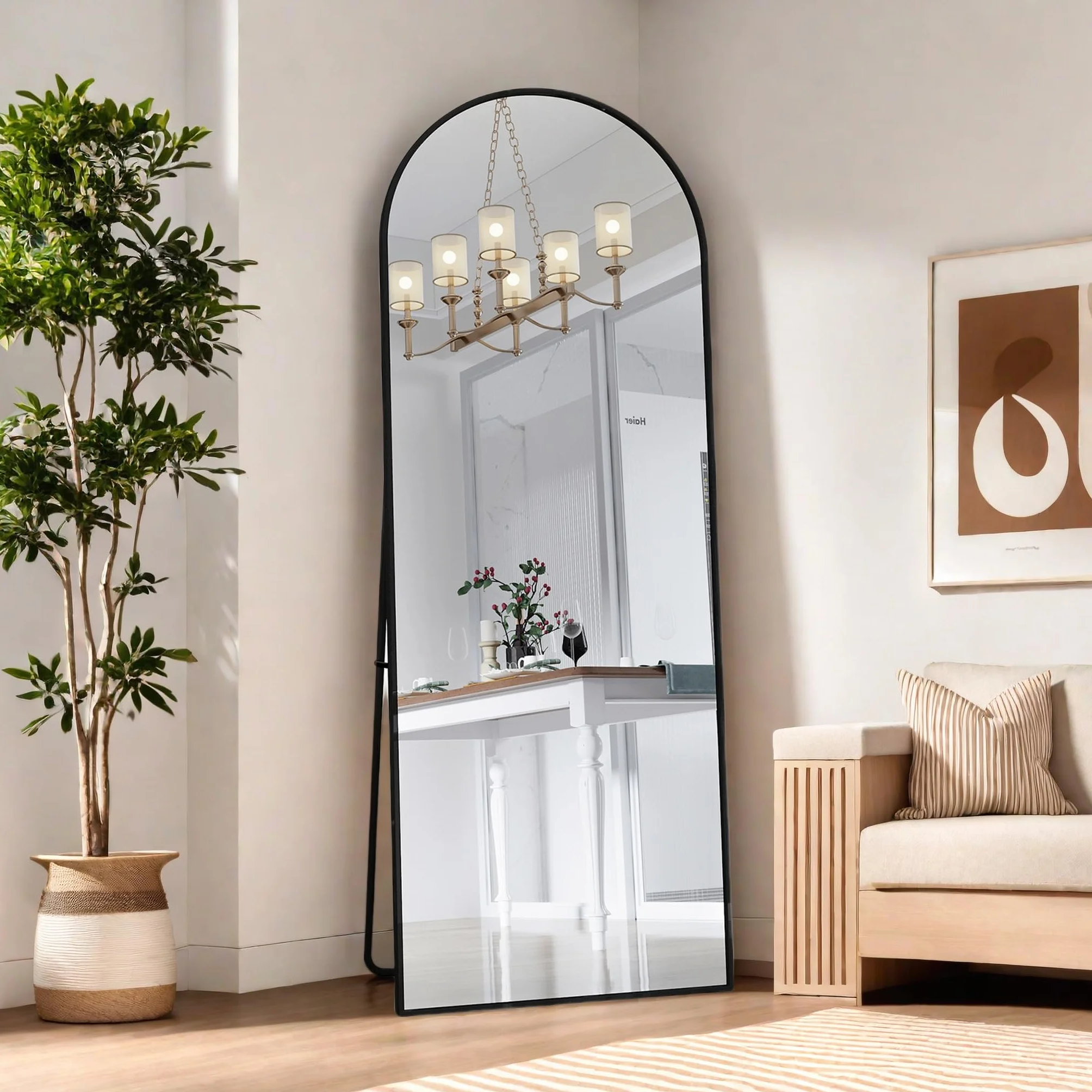 Miroir sur Pied 162x53 cm Grand Miroir Arqué Aluminium Noir Cadre Pleine Longueur