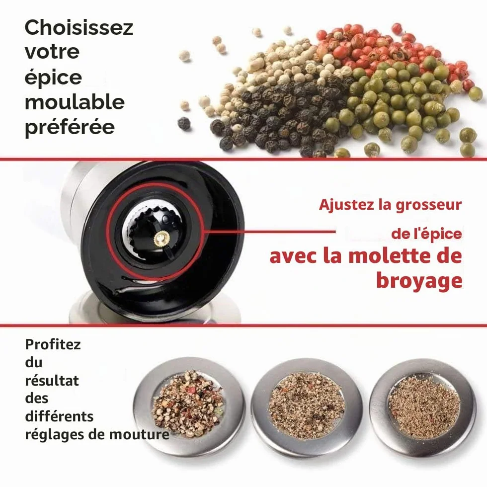 Moulin à poivre en acier inoxydable avec corps en verre, broyeur manuel en céramique réglable pour épices et herbes
