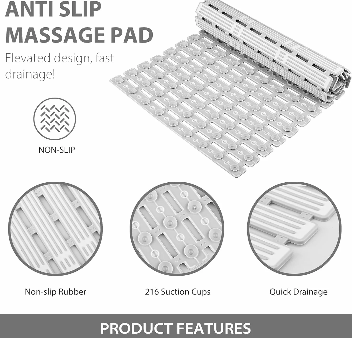 Tapis de Douche Antidérapant 68x40cm PP+TPE Ventouses Résistant Moisissure Découpable Séchage Rapide Drainage Efficace