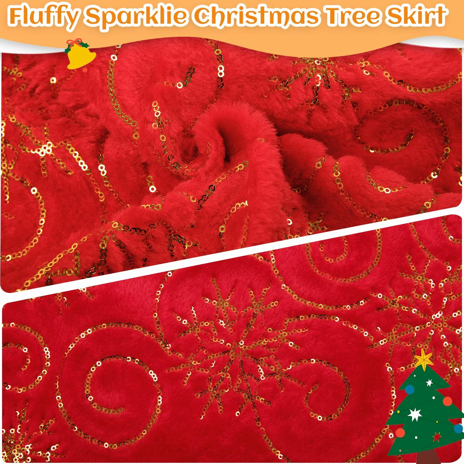 Jupe de Sapin de Noël Rouge KONVINIT - Tapis d'Arbre en Peluche avec Paillettes Dorées 78/90/120cm