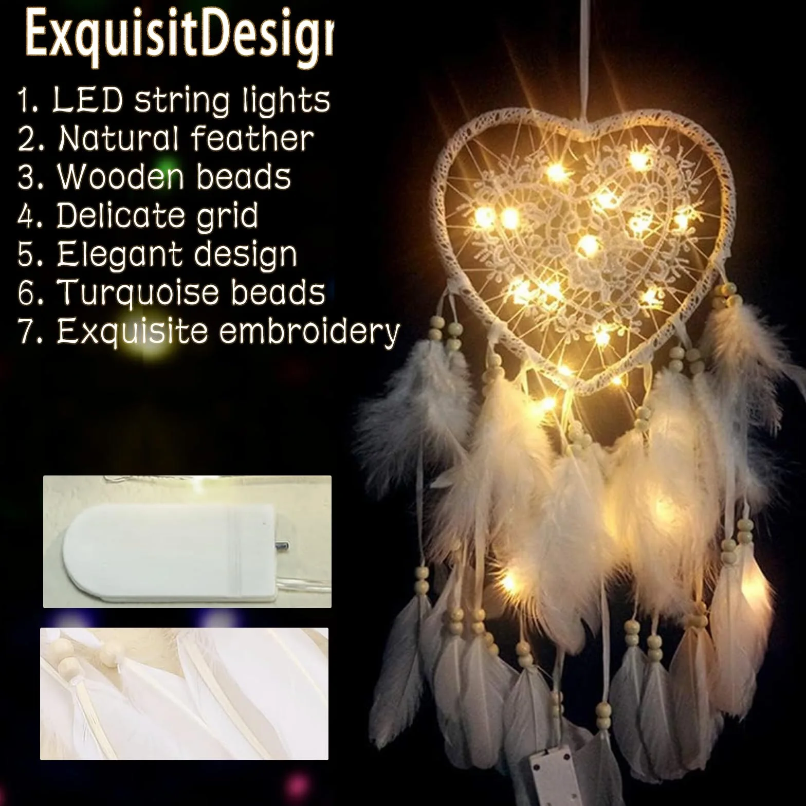 Attrape Rêves Cœur Creusé LED Fait à la Main pour Filles Décoration Chambre Mariage