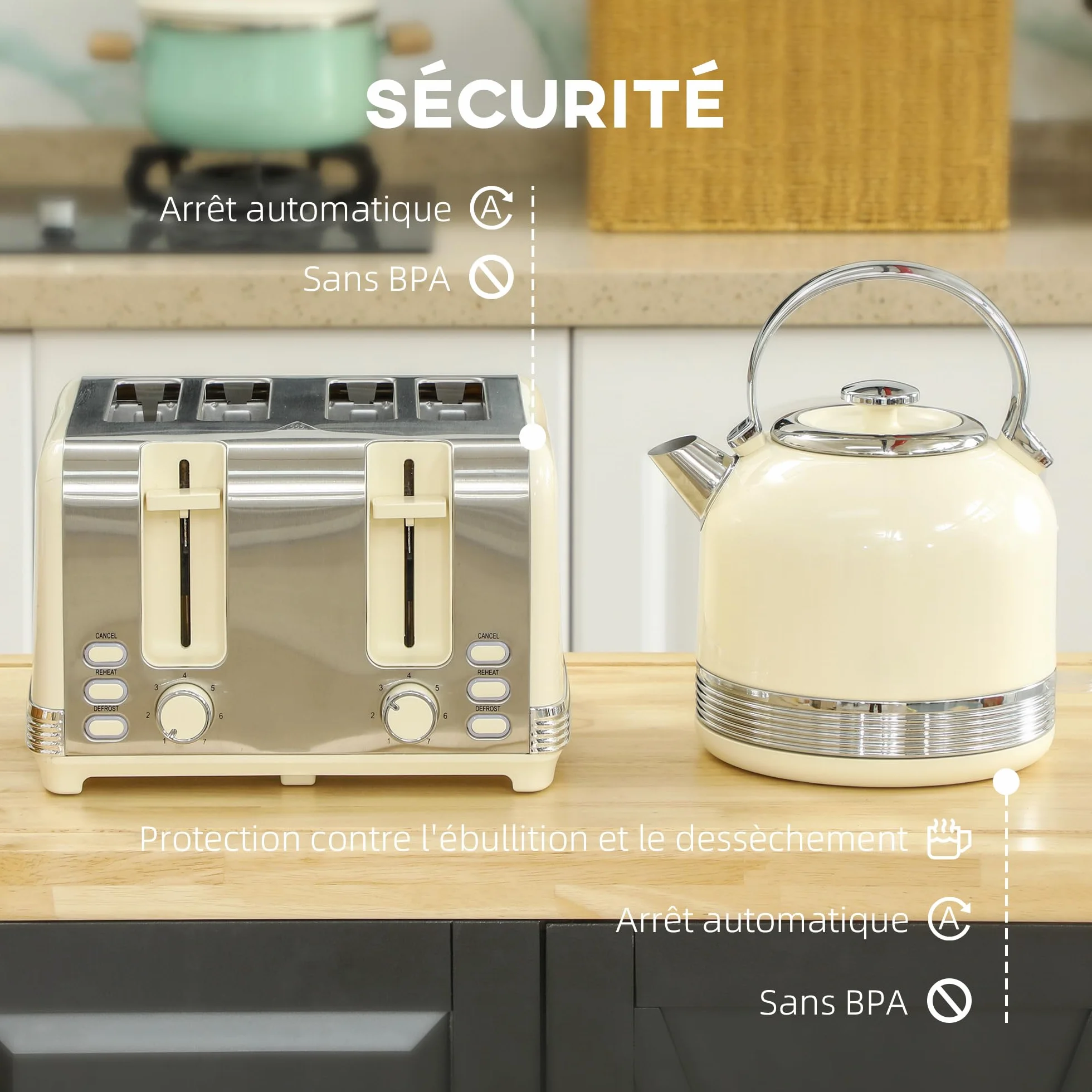 HOMCOM Ensemble bouilloire et grille-pain 2200 W, bouilloire inox 1,7 L, grille-pain 4 tranches, 7 niveaux brunissage, crème