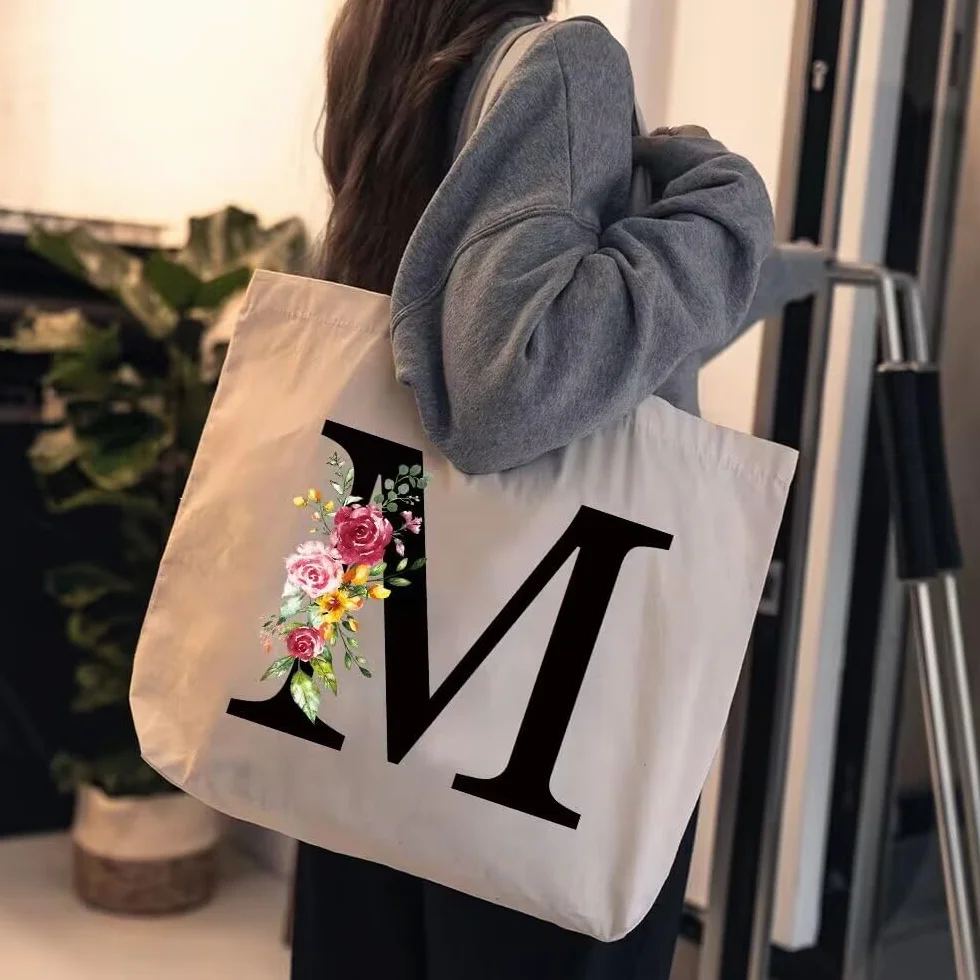 Sac Fourre-Tout en Toile Tote Bag Personnalisé avec Initiale Fleur pour Femme