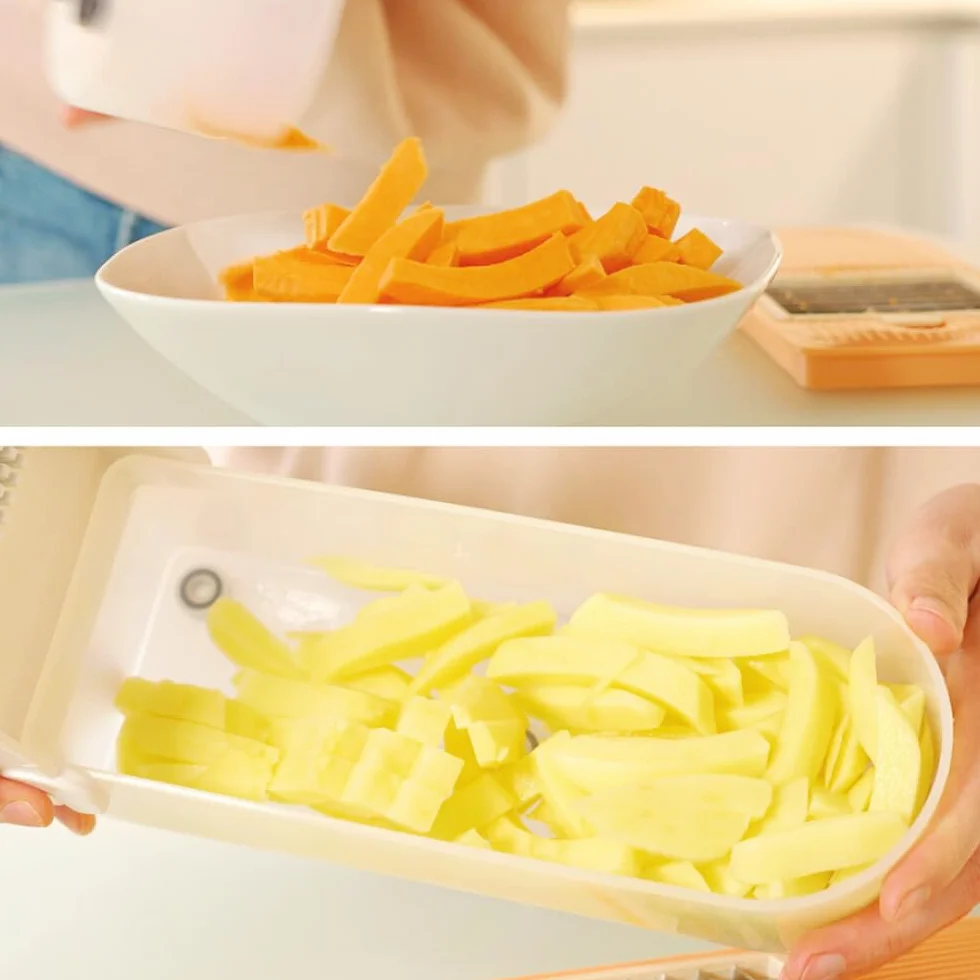 Durandal Coupe légumes et fruits sécurisé 3 lames inox tranche découpe frites rondelles dés râpe fromage bac récupérateur
