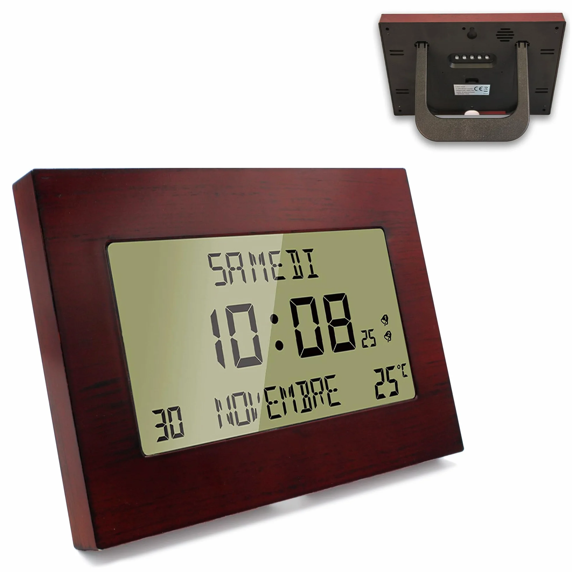 Fishtec Horloge Réveil Numérique Radiopilotée Motif Bois Grand Écran LCD Date Jour Température Double Alarme Snooze 23 x 16 cm
