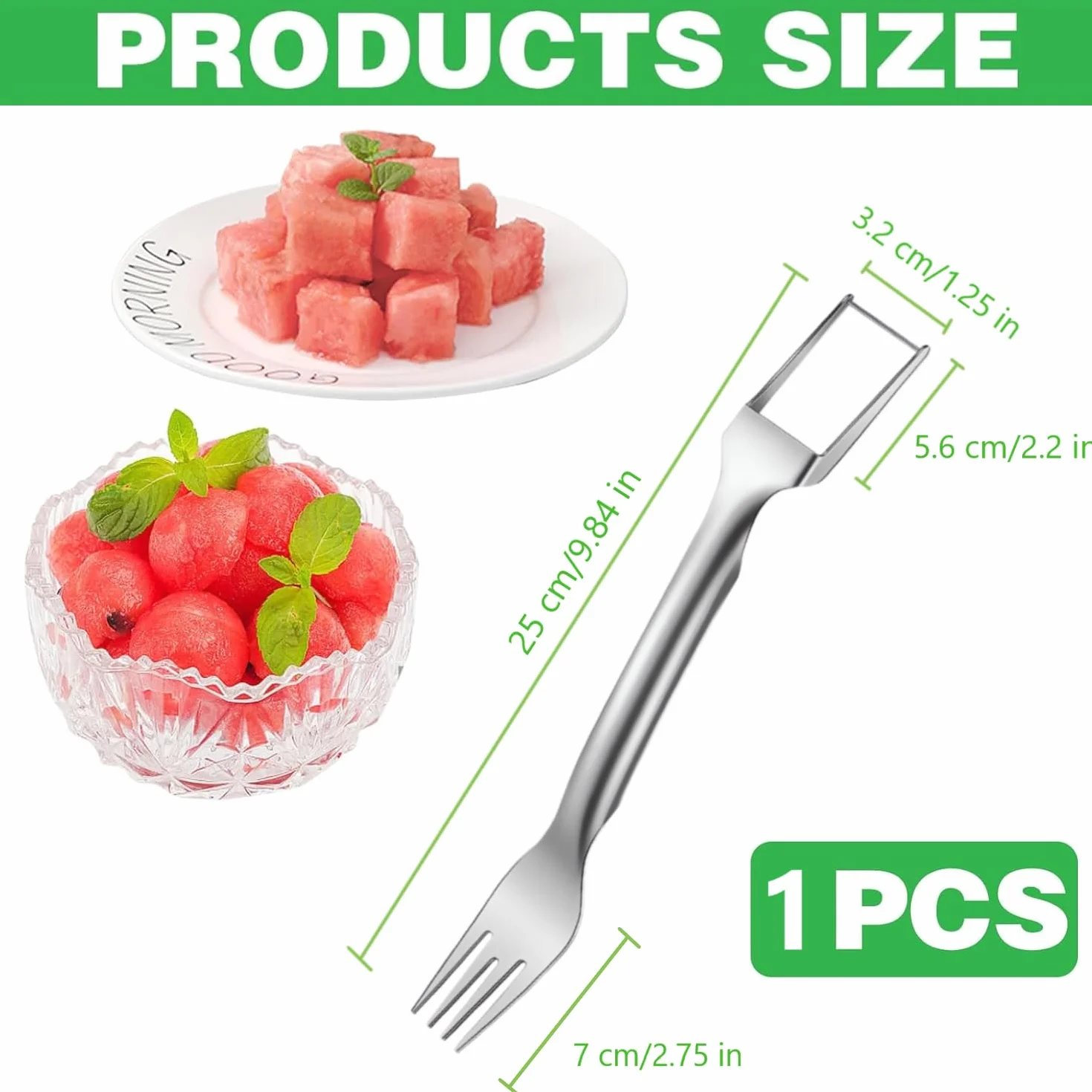 Coupe Pastèque 2 en 1 Acier Inoxydable Fourchette à Fruits Outil de Coupe Melon
