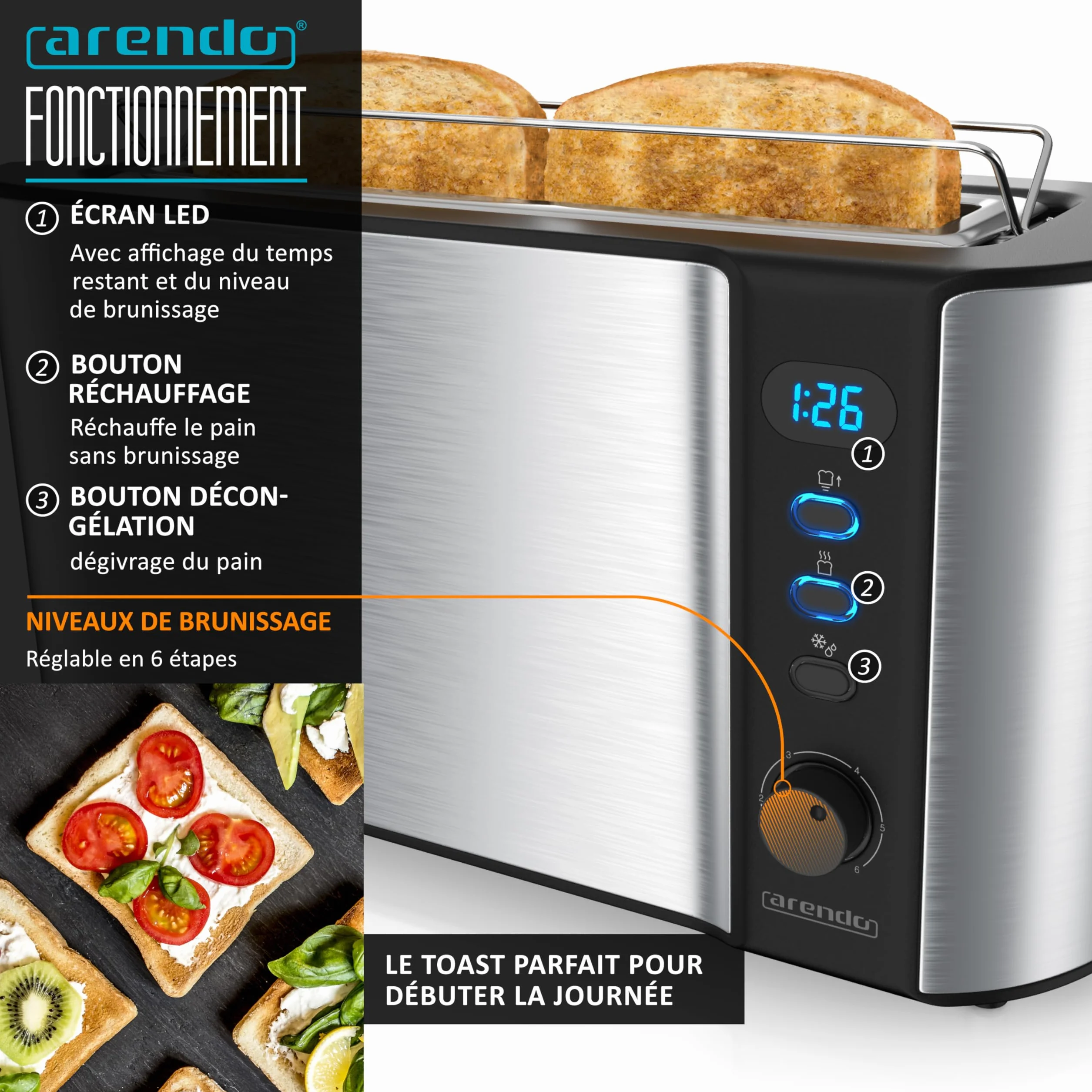 Arendo Ensemble Bouilloire Grille-pain Cuiseur à œufs Inox 1,5L 2 Tranches LED 6 Niveaux Gris