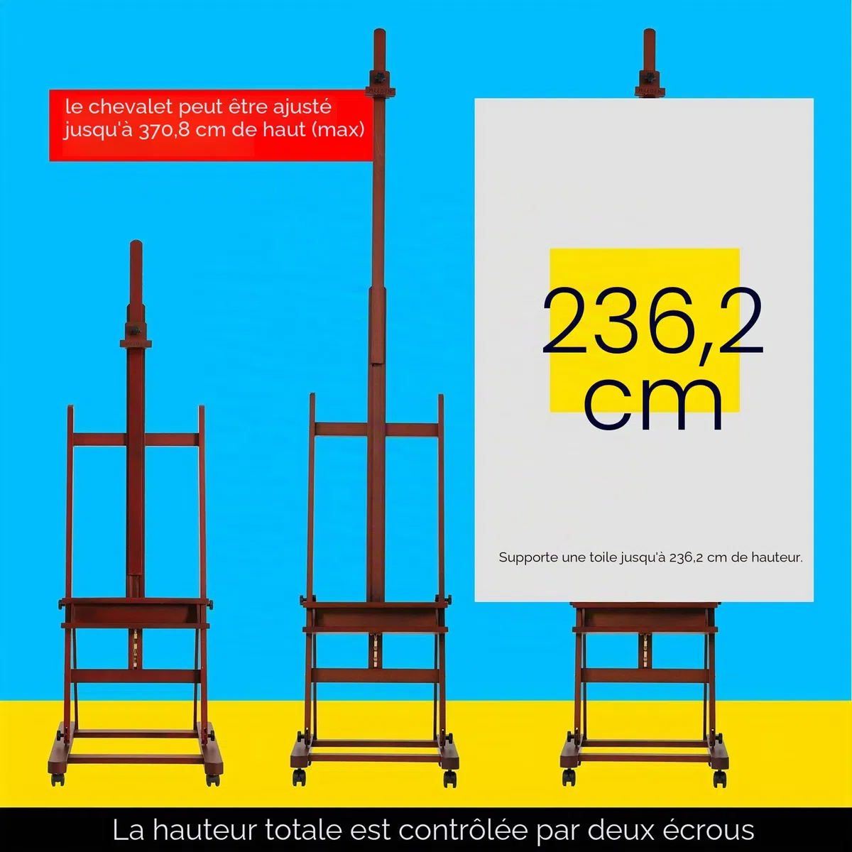 MEEDEN Grand Chevalet Bois en H: Chevalet Peinture Réglable de 190cm à 370cm avec 4 Roues Tenir la Toile jusqu'à 236cm - Stand de Dessin Pliable avec Rangement