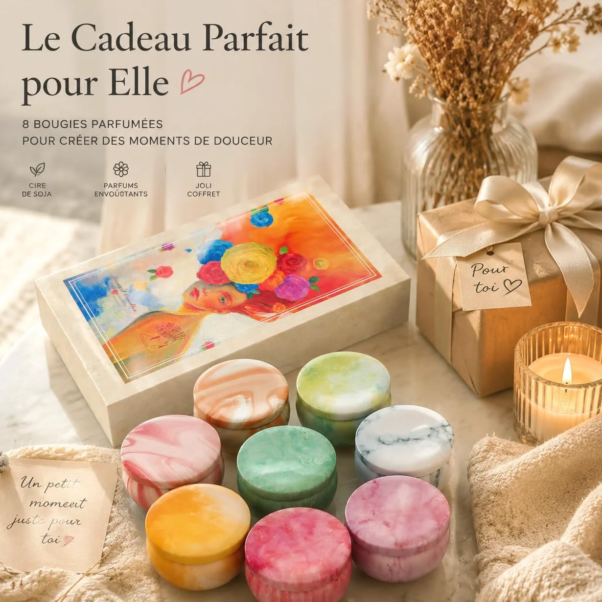 Coffret Bougies Parfumées Lot de 8 Longue Durée Cadeau Femme