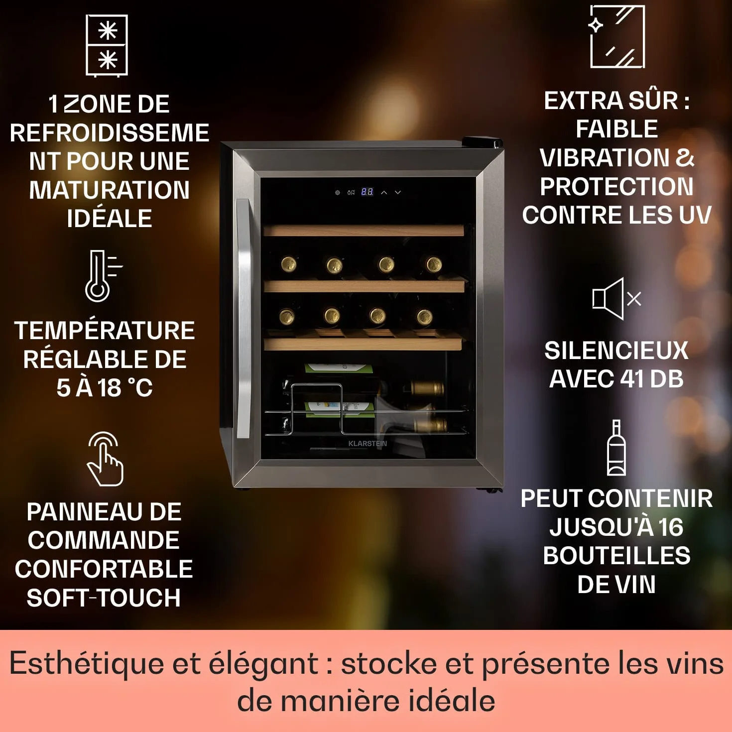 Klarstein Cave à Vin Réfrigérateur à Vin Porte en Verre 16 Bouteilles 5-18°C Protection UV