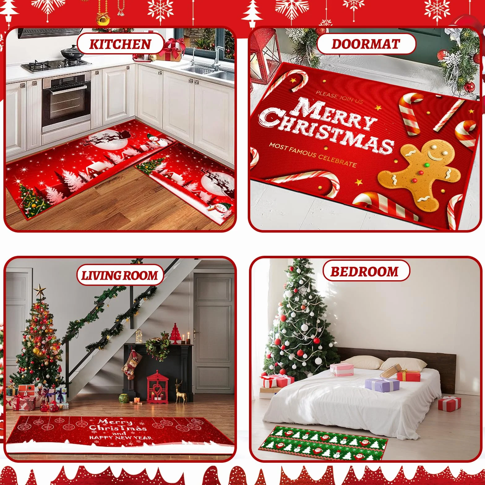 Tapis de Noël antidérapant lavable Père Noël 40 x 60 cm 40 x 120 cm