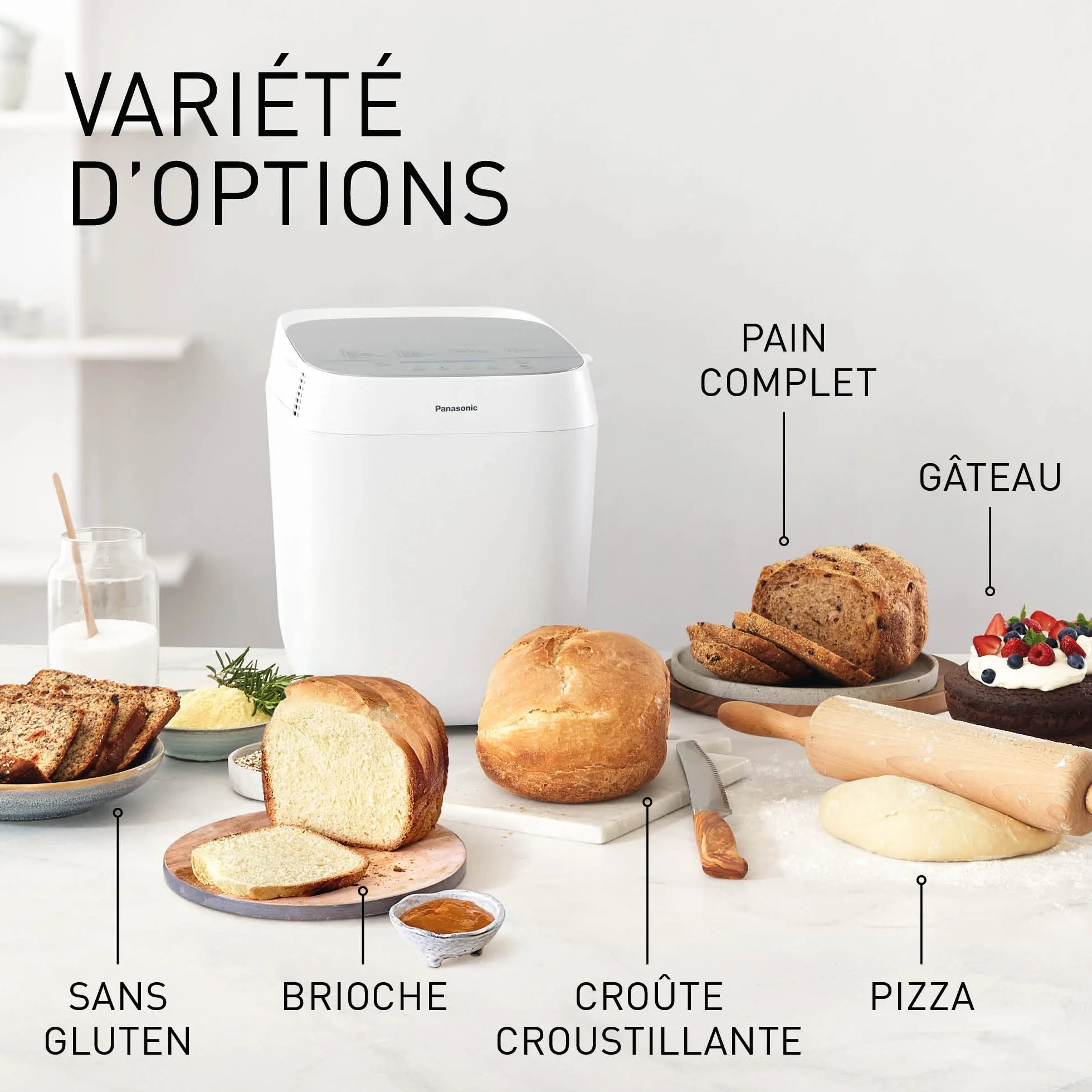 Panasonic Machine à pain Croustina SD-ZP2000WXE, 18 Programmes, 7 Pains Croustillants, Sans Gluten, 2 Tailles L,M