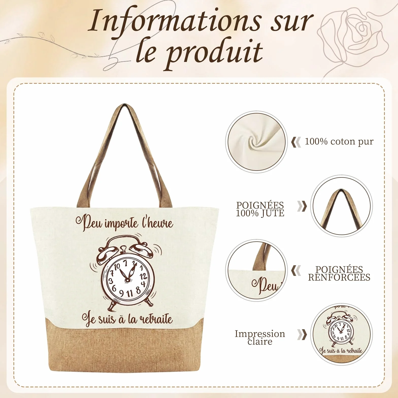 Sac Cabas Toile Robuste Porte-Clés Cadeau Retraite Femme