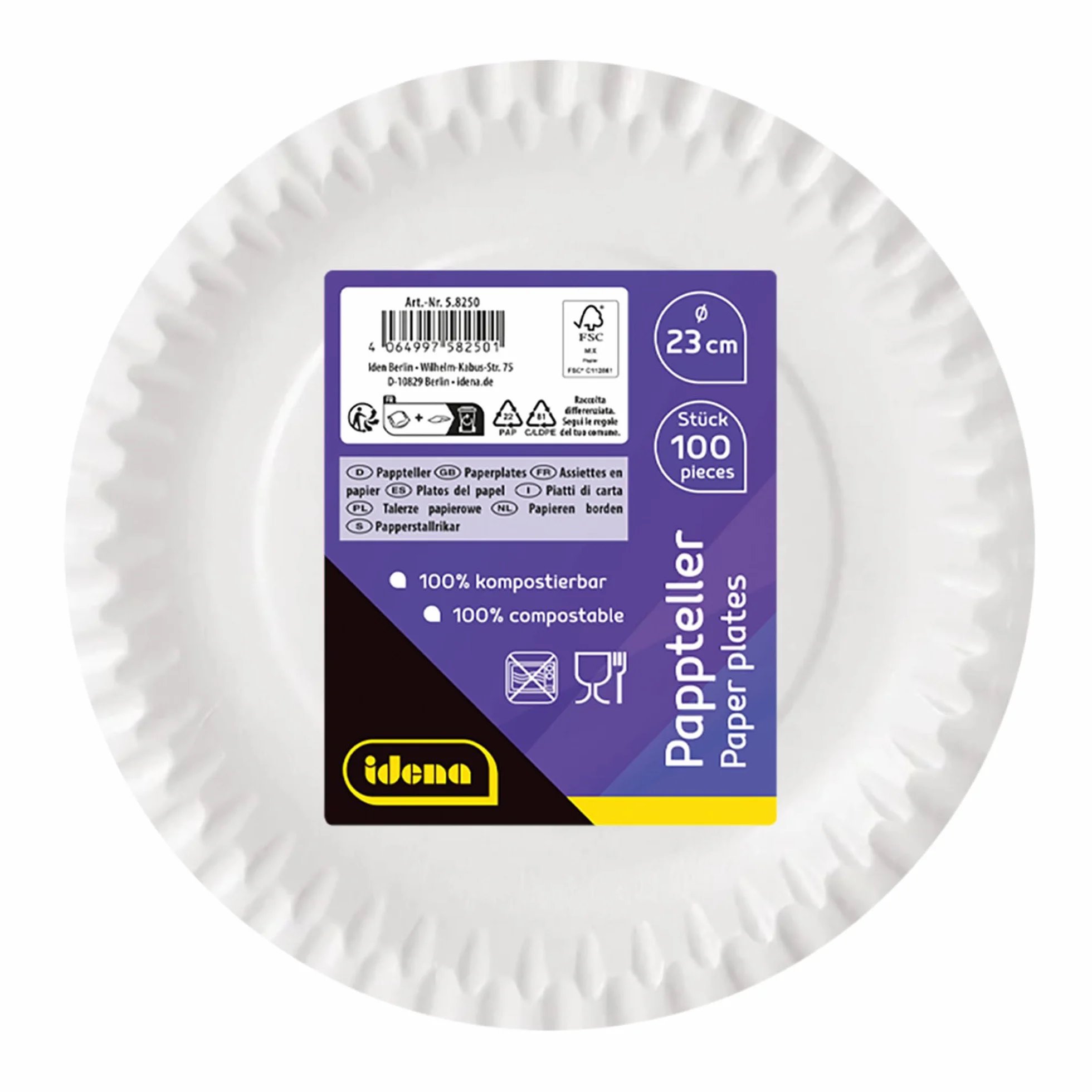 Idena Assiette de fête blanche 100 pièces 23 cm écologique compostable