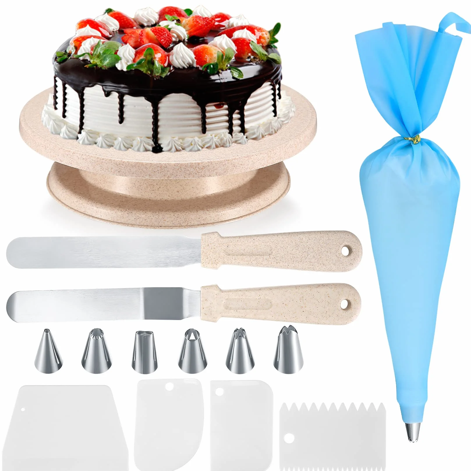 Kits de Fournitures Support Assiettes de Décoration de Gâteaux avec Grattoirs, Spatules, Poches à Douille