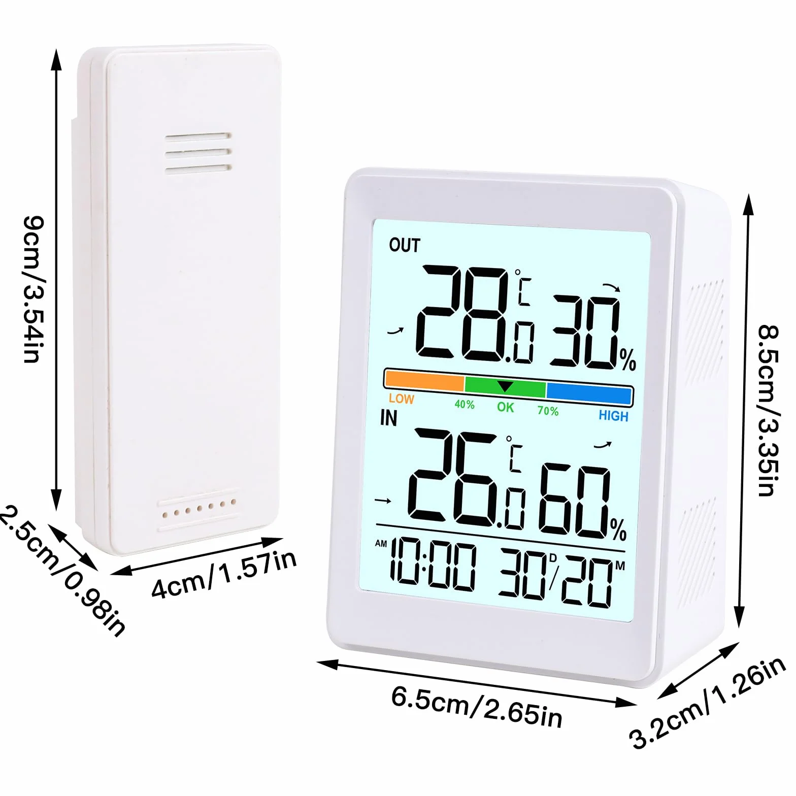 Thermomètre Intérieur Extérieur Sans Fil avec Humidité, Horloge, Date, Rétroéclairage Intelligent, °C/°F Commutable