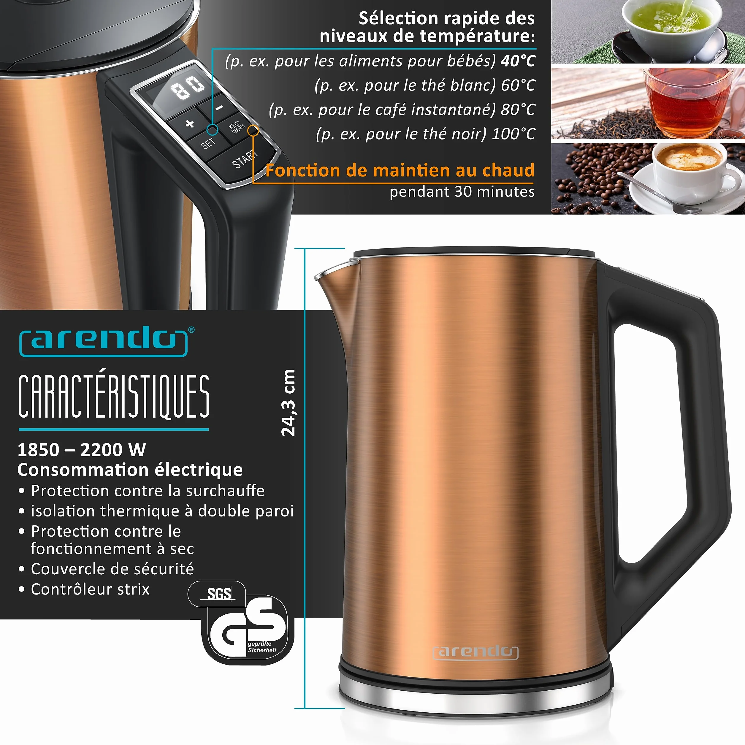 Ensemble Bouilloire Grille-pain Cuiseur à oeufs Inox 1,5L 40°-100°C 2 Tranches LED 6 Niveaux 1-6 Œufs Cuivre
