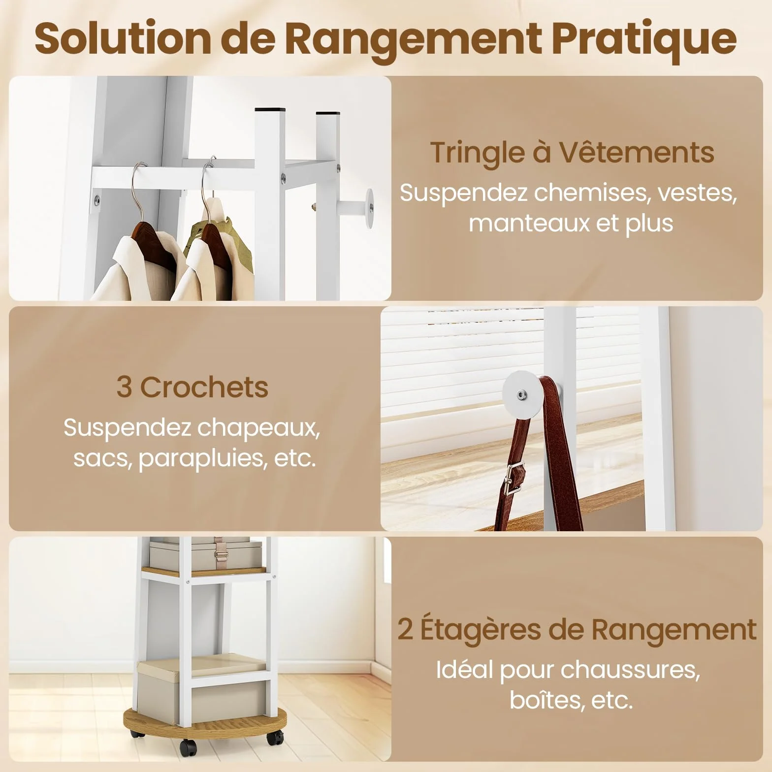 COSTWAY Miroir sur Pied Grand avec Porte-Manteau 4 Roues Pivotantes 360° 3 Crochets Cadre Métal 45 x 135 cm Blanc Naturel