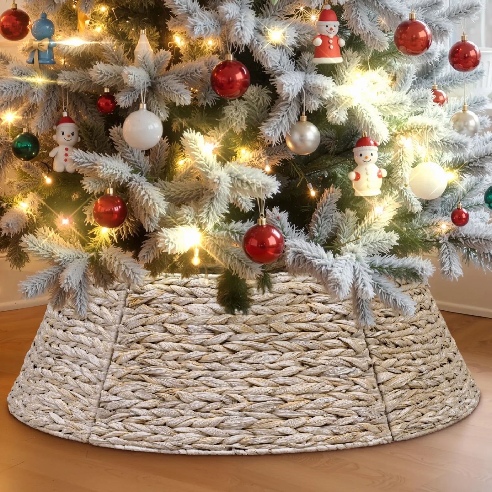 Rotin Collier Sapin Noël 61 cm, Housse Décorative Cache Base Pied Jupe Vannerie Christmas Tree Collar Blanc