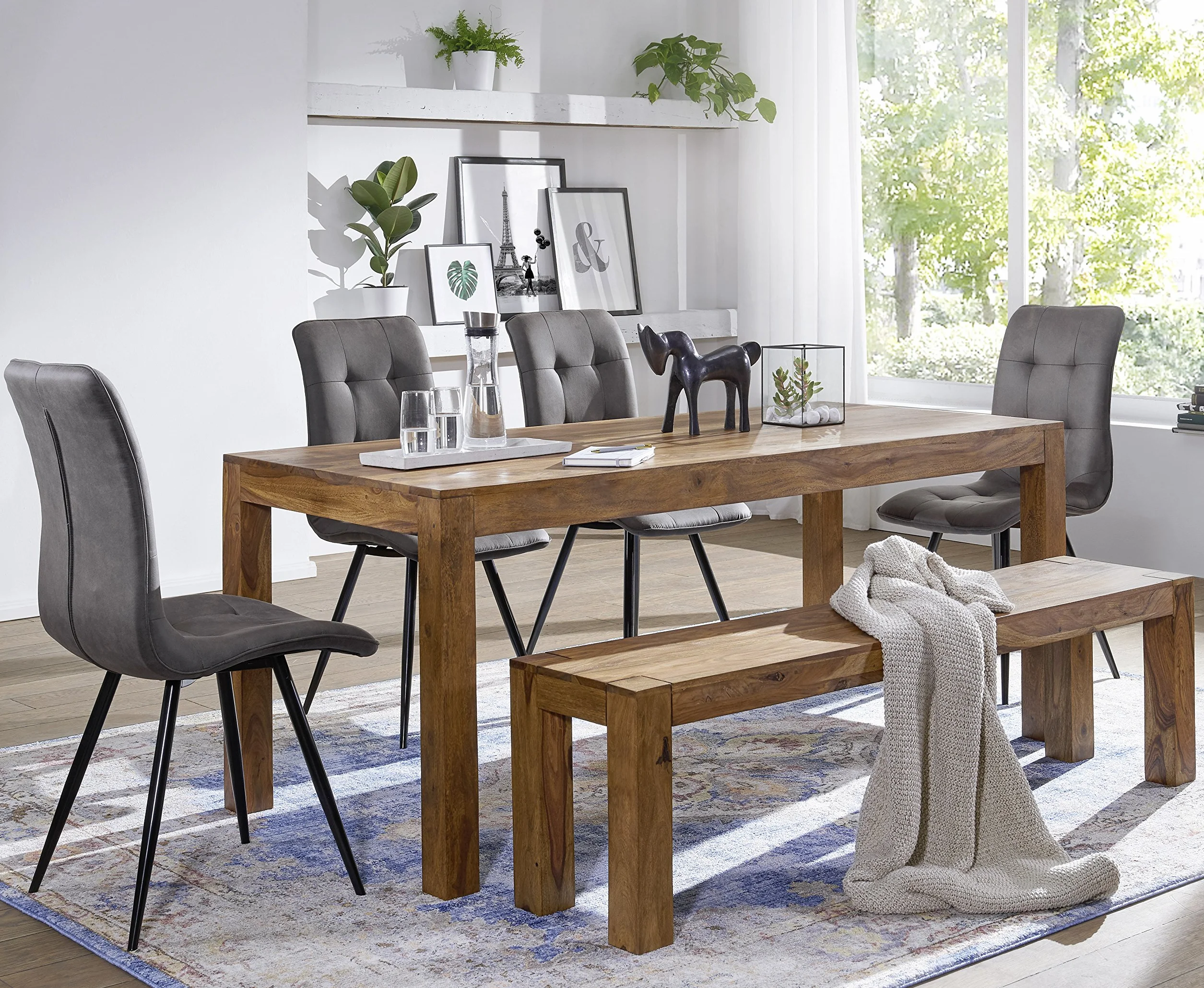 WOHNLING Banquette en Bois Massif Sheesham 160 x 45 x 35 cm Banc de Cuisine