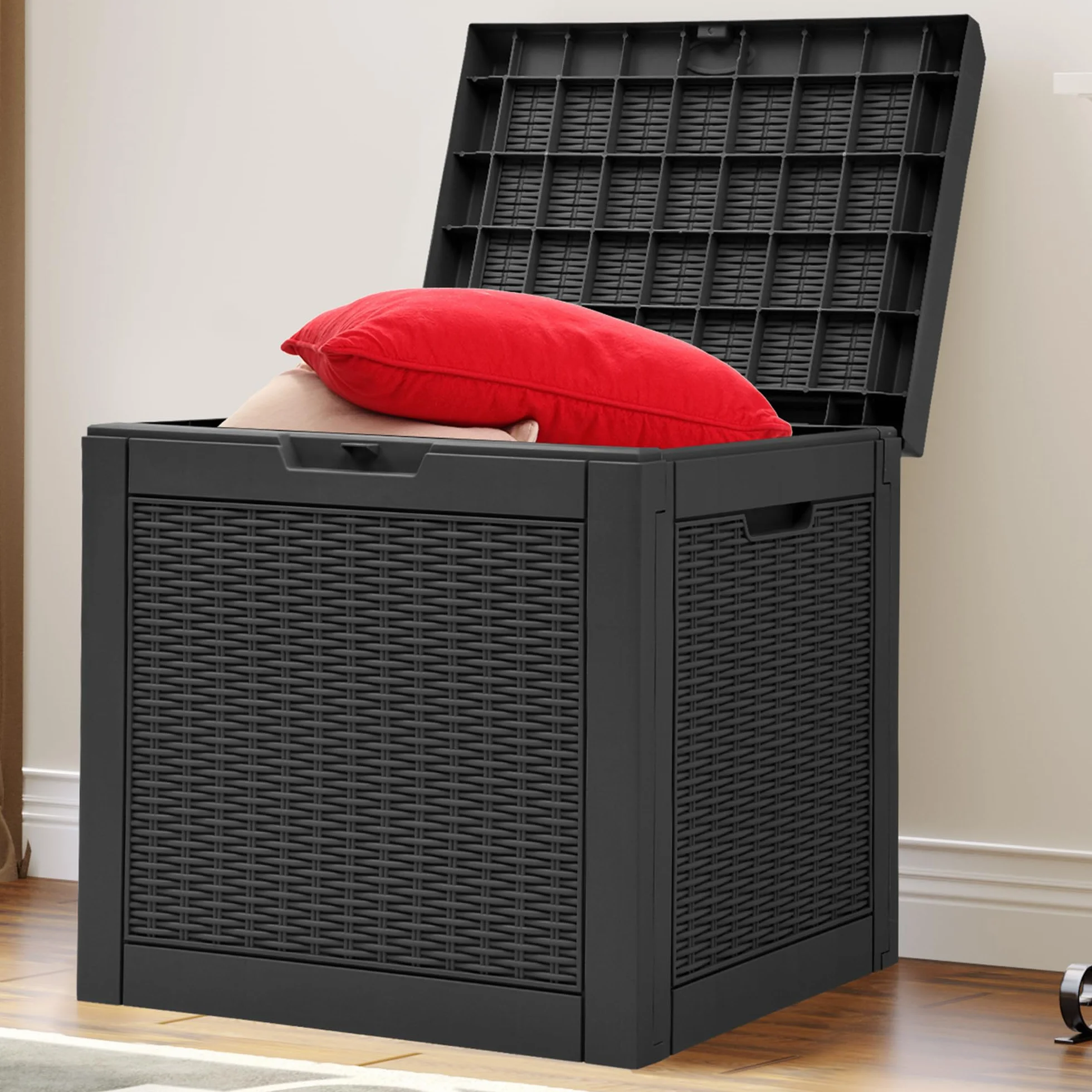 YITAHOME Boîte de rangement extérieur rotin 118 L imperméable avec couvercle poignées verrouillables jardin coussins
