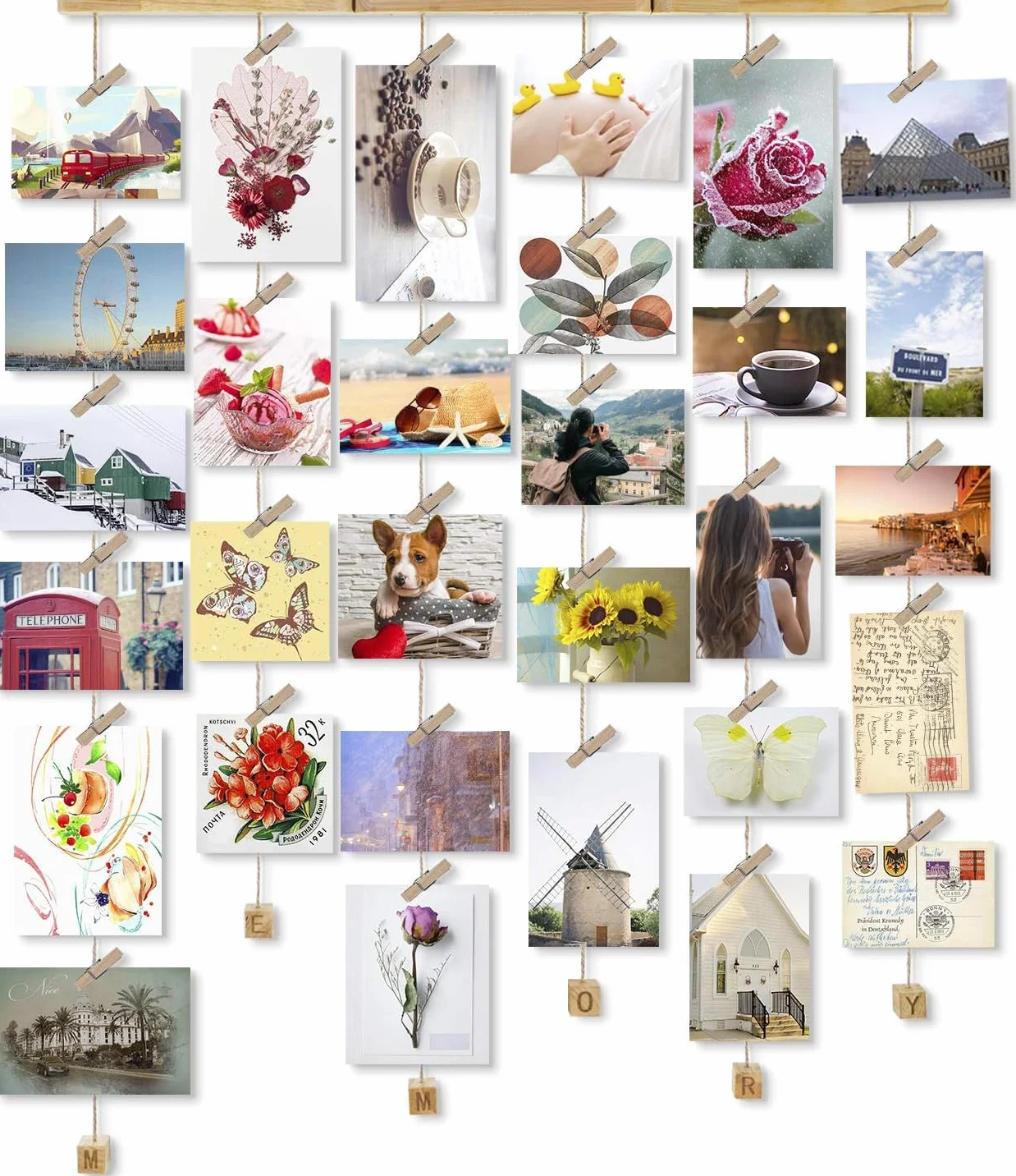 Cadre Photo Mural Avec Corde Porte-Photos 30 Pinces Couleur Bois Naturel Décoration Maison Cadeau