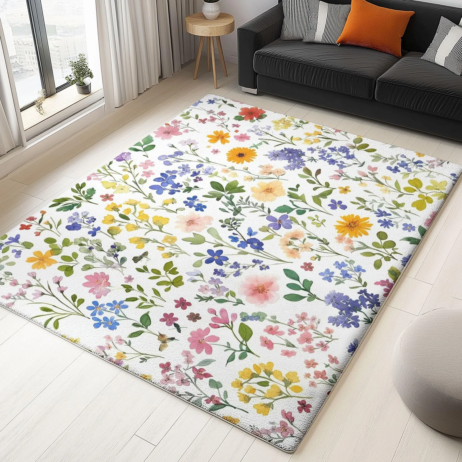 Tapis de Salon 80x150 cm Antidérapant Lavable en Machine Motif Aquarelle Fleurs Sauvages