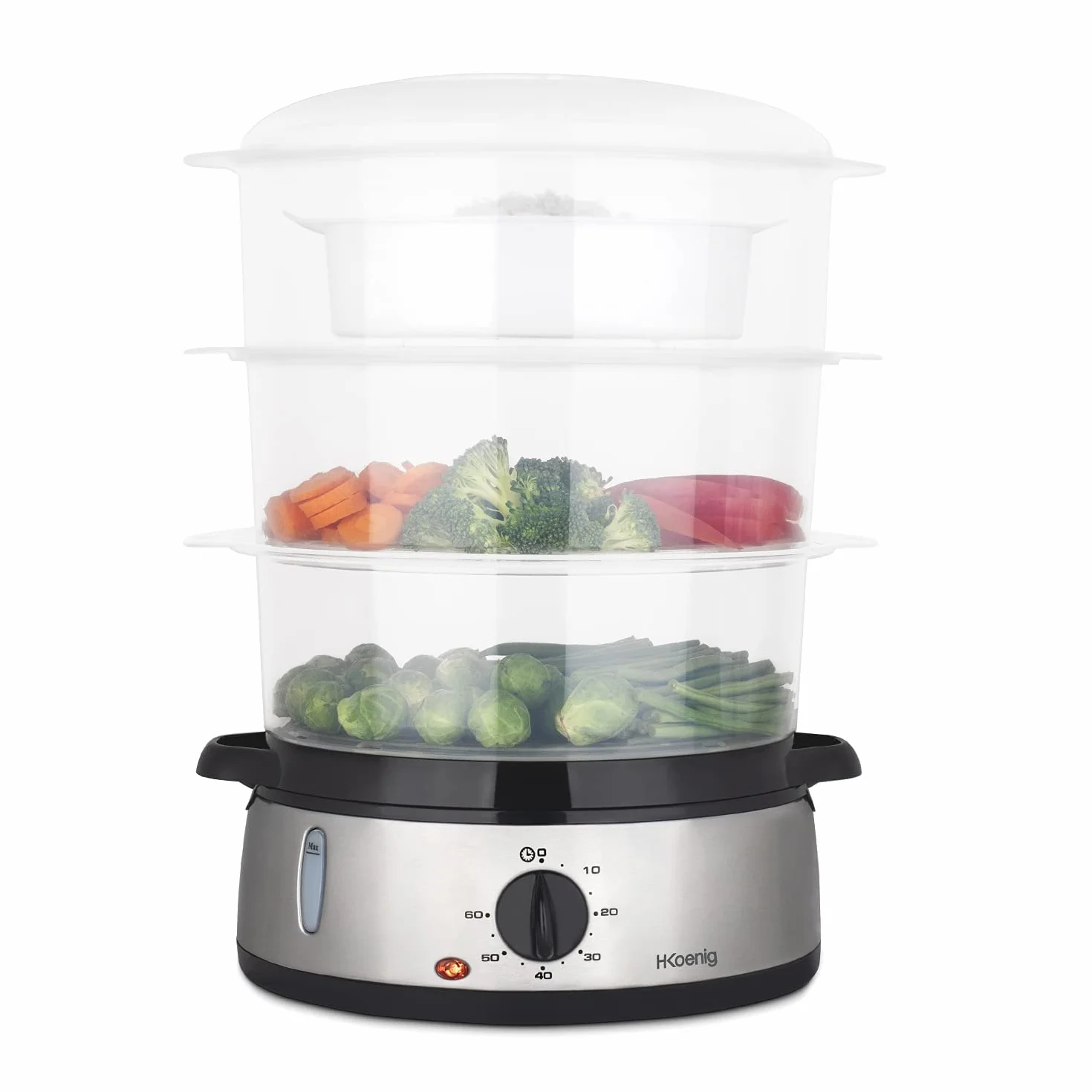 H.Koenig VAP10 Cuiseur à vapeur électrique 9L Inox 3 paniers empilables programmable