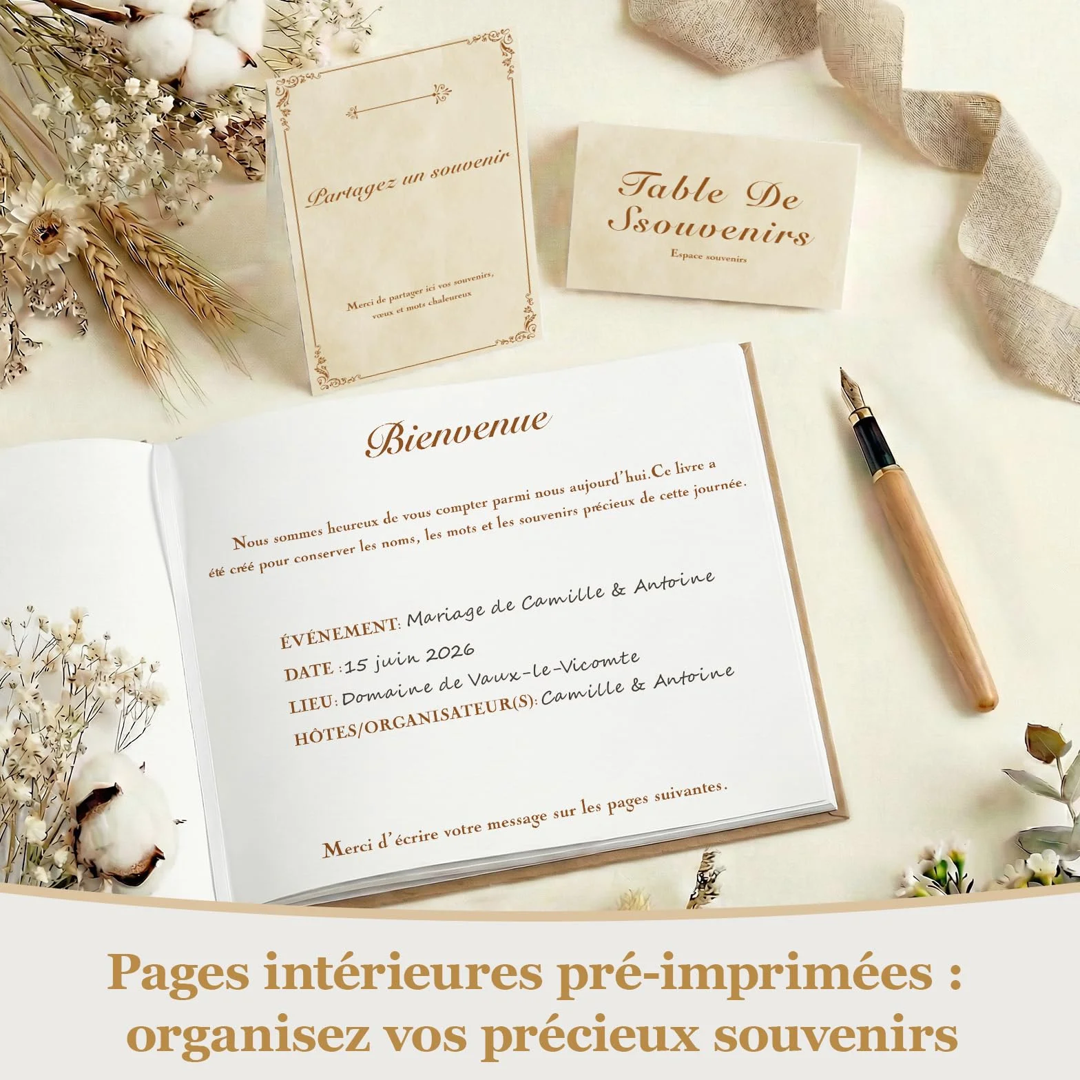 Livre d’or Kraft 20×20 cm Dorure Vintage Papier Épais Anti-Transfert Reliure Rigide Avec Chevalet et Cartes