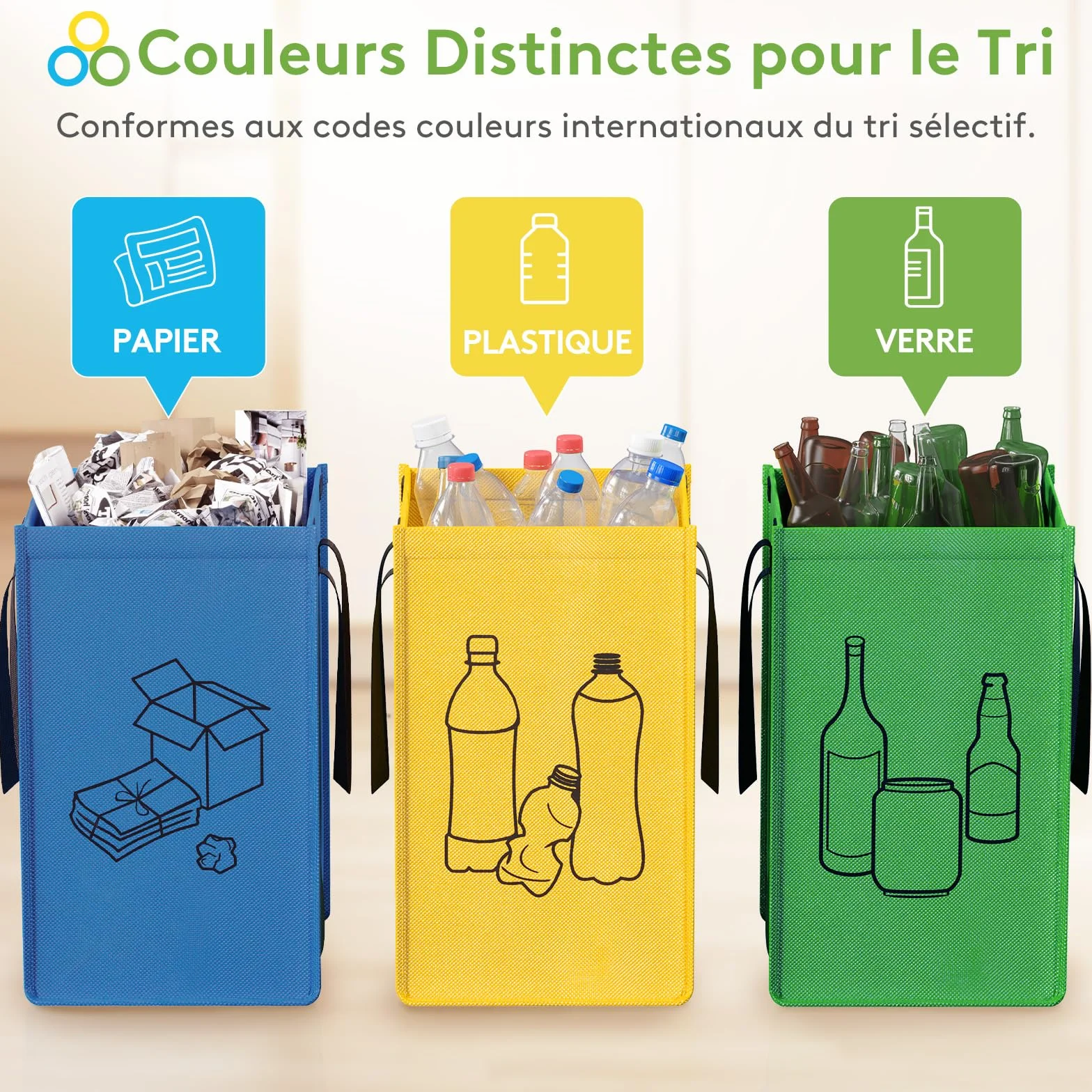 Lifewit Lot de 3 Sacs Tri Sélectif, Poubelles Recyclage 3 Couleurs, 45 L