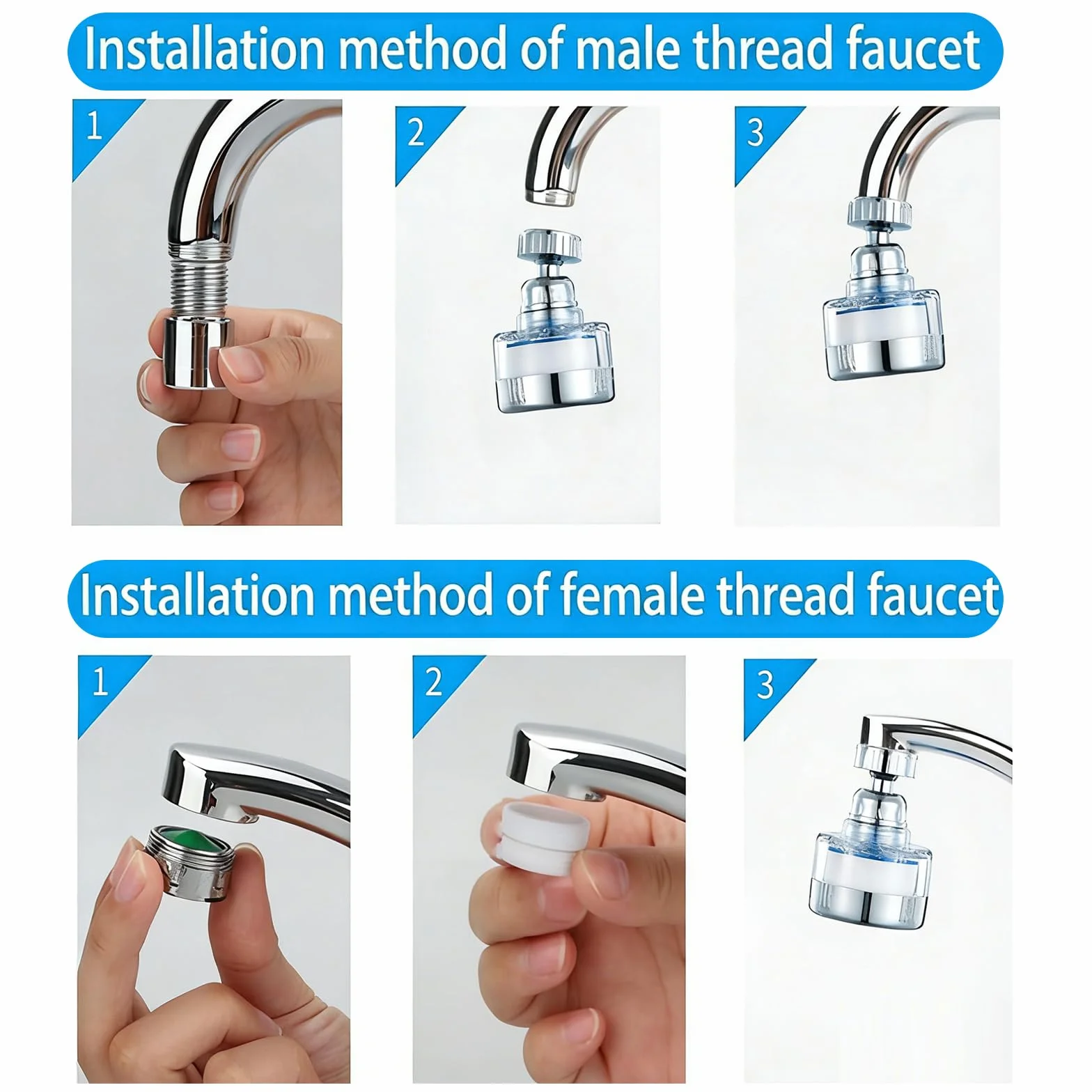 Filtre à eau Robinet Anti Calcaire avec 6 éléments Filtrants en coton PP, Tête de Pulvérisateur Rotatif 360°